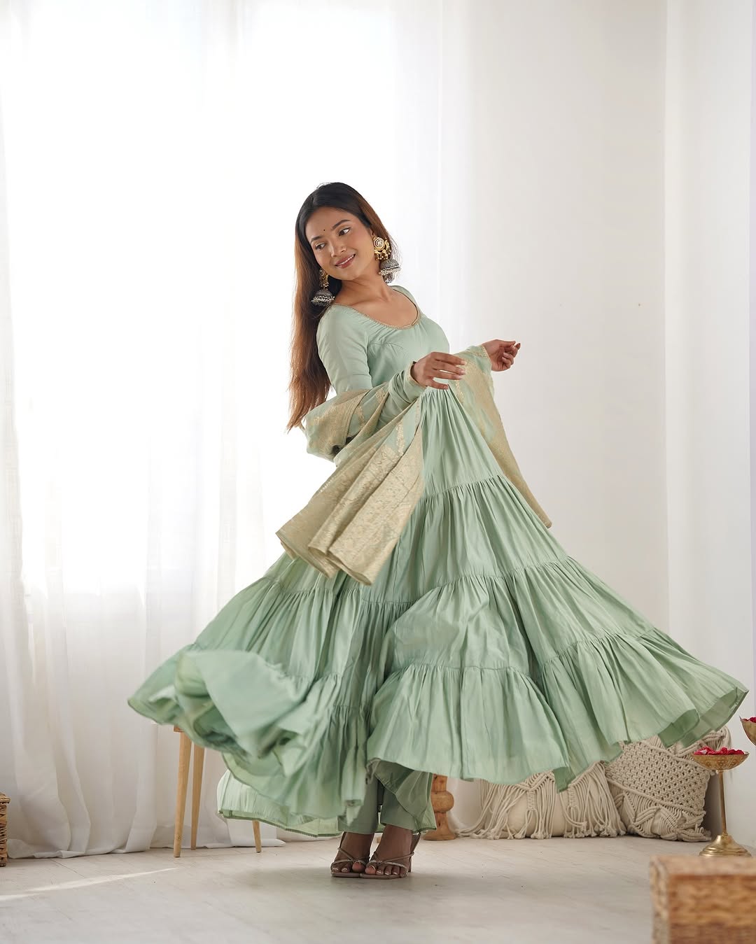 Ashika Pista Roman Silk Flared Anarkali Gown Set Trinari Ashika Pista Roman Silk Flared Anarkali Gown Set Trinari