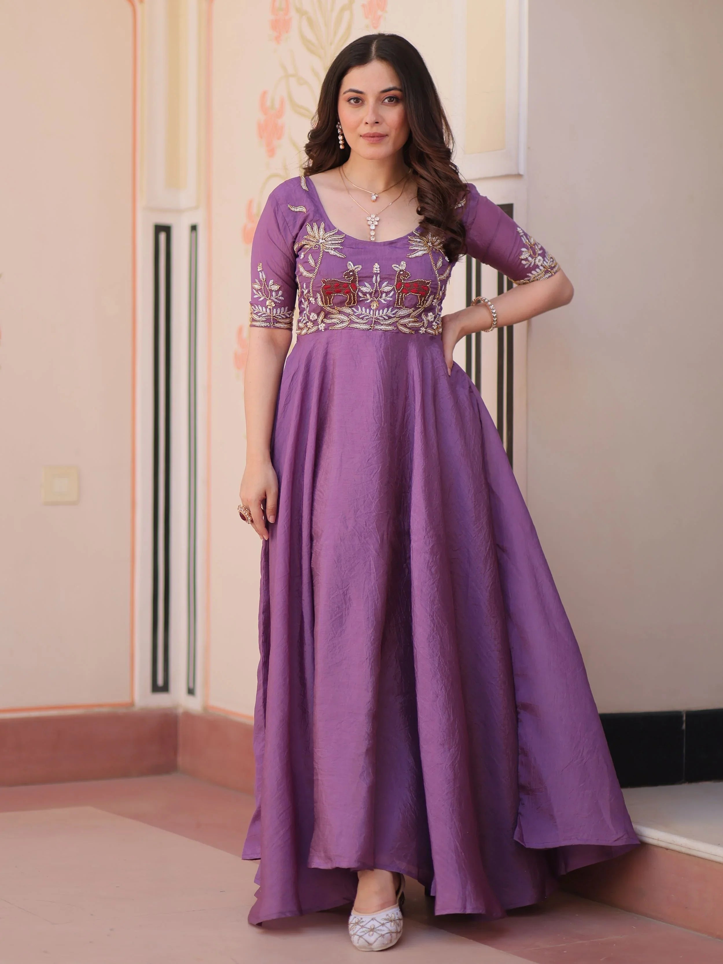 Purple Gold Crush Beads Embroidered Umbrella Flair Gown M