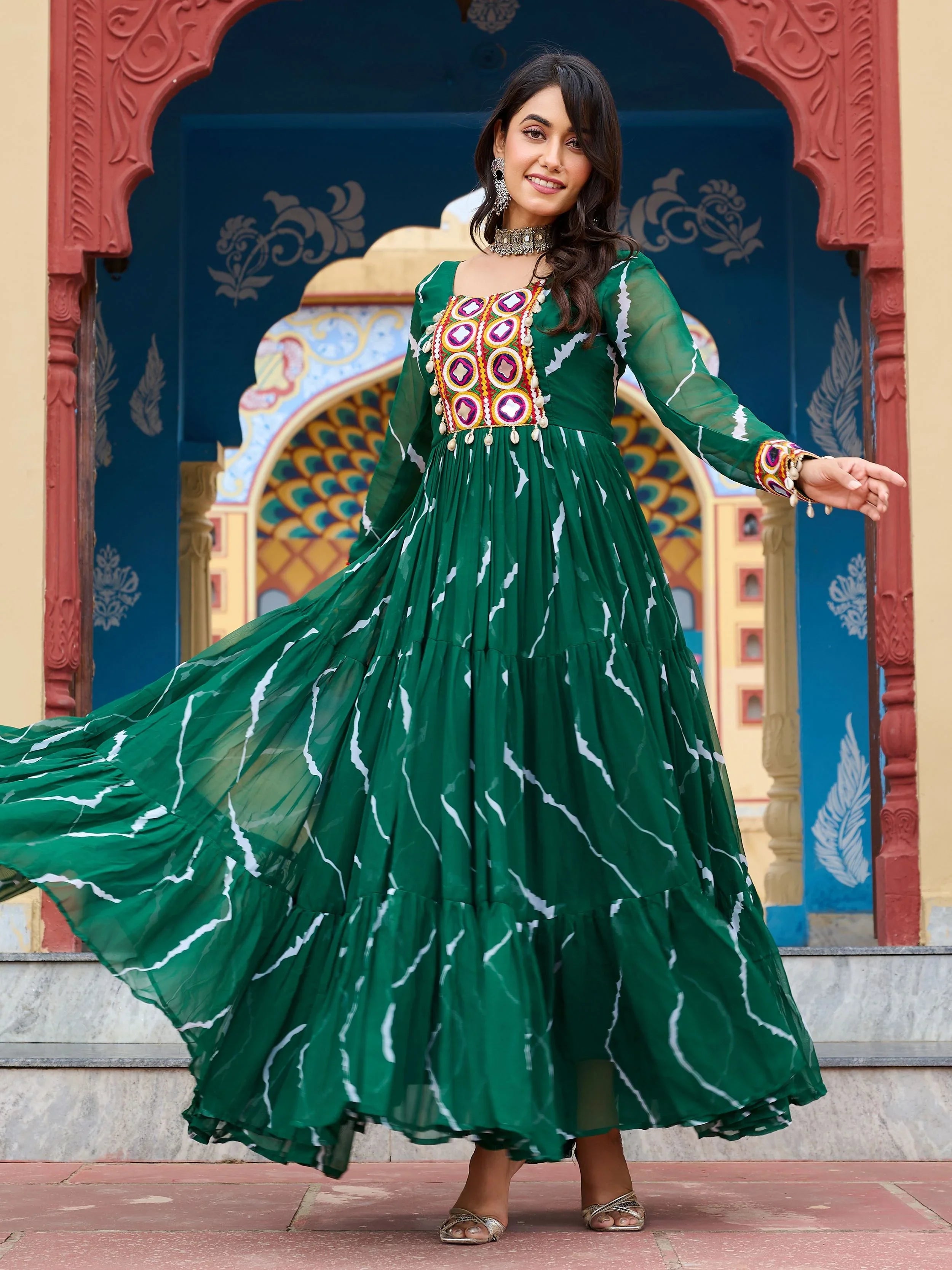 Green Bandhani Print Georgette Kutchi Patchwork Navratri Gown Trinari Green Bandhani Print Georgette Kutchi Patchwork Navratri Gown Trinari