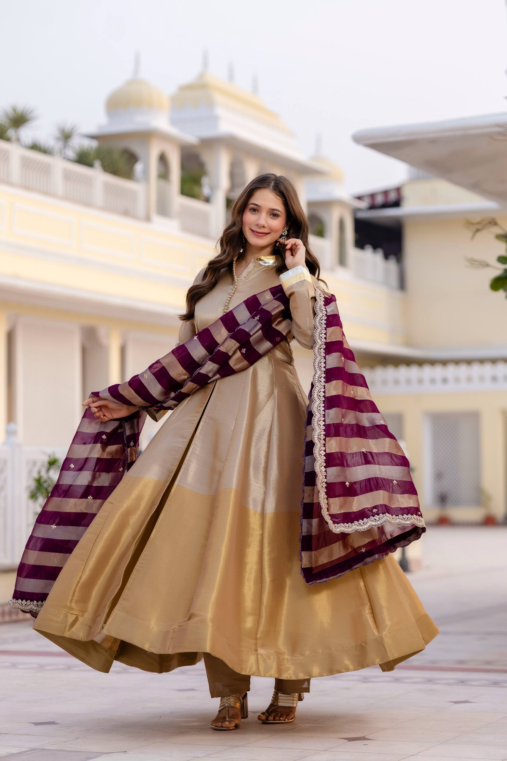 Kasumbi Light Golden Pure Banarasi Viscose Anarkali Suit Set – Trinari