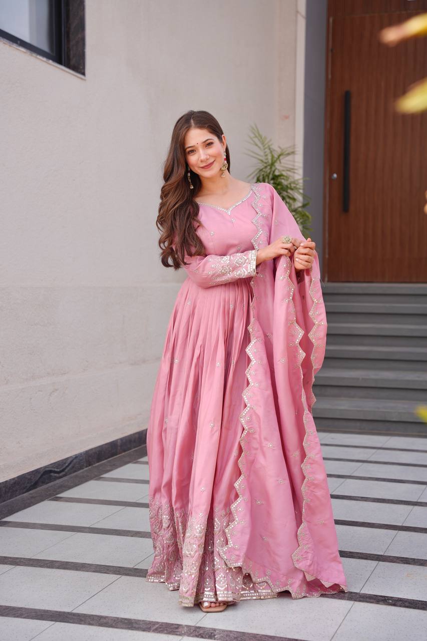 pink dress with dupatta Ivory & Pink Zari Woven Silk Anarkali Dress With Bandhani George