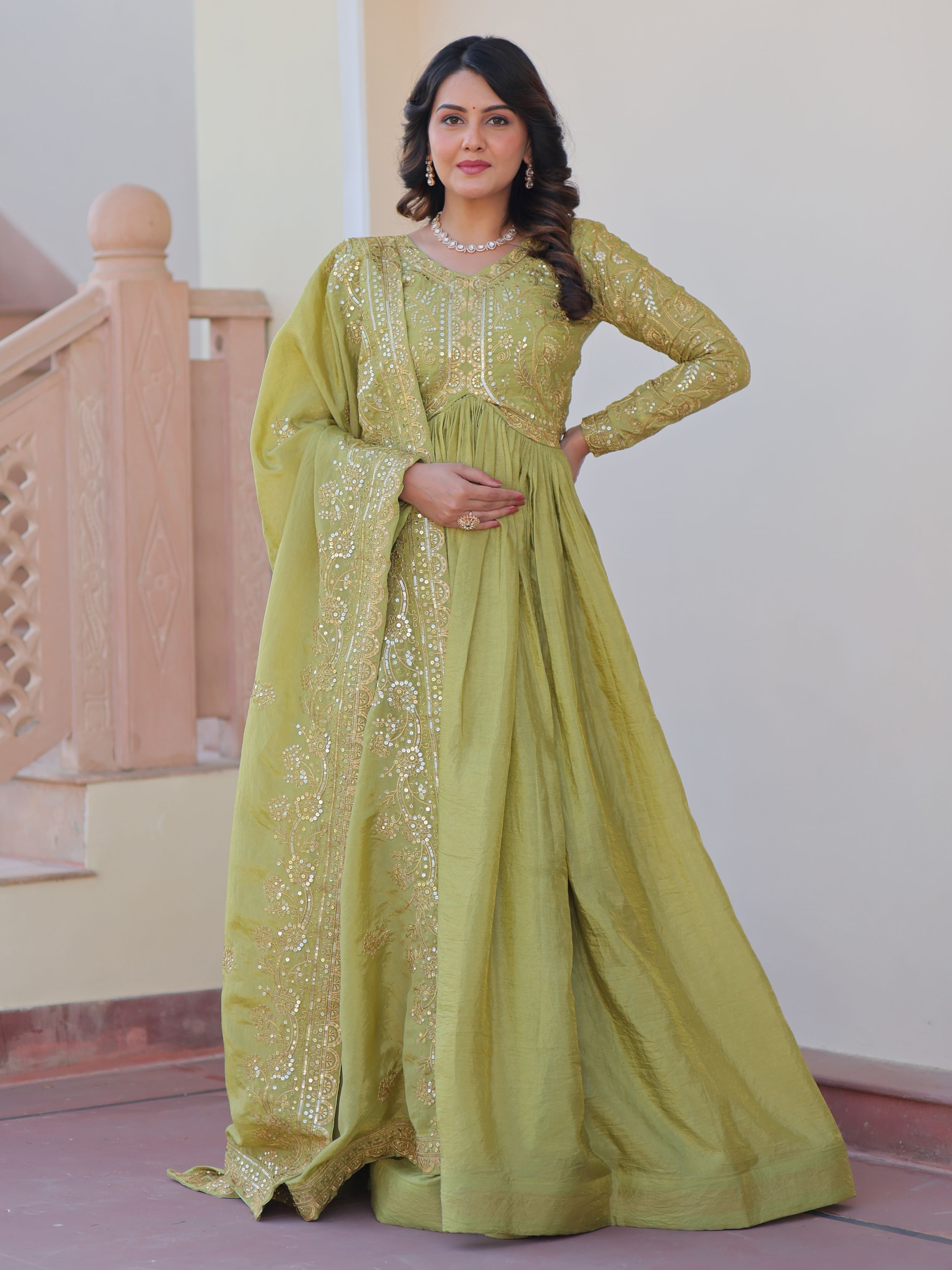 Shop Pista Green Organza Mehendi Wear Gown With Dupatta From Ethnic Plus L Shop Pista Green Organza Mehendi Wear Gown With Dupatta From Ethnic Plus L