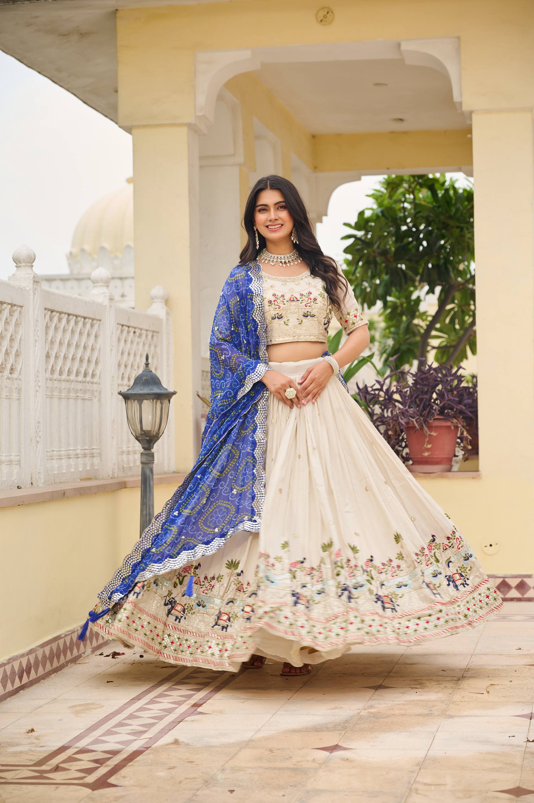 Off-White Silk Sequins Thread Embroidery Lehenga Choli with Blue Bandhej Dupatta M Off-White Silk Sequins Thread Embroidery Lehenga Choli with Blue Bandhej Dupatta M