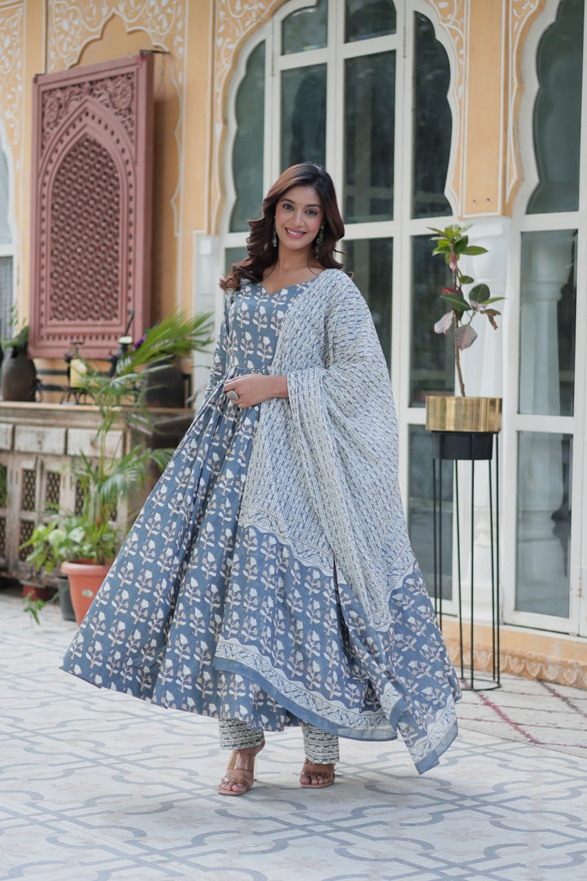 Ridhvini Blue Pure Cotton Printed Anarkali Set XL