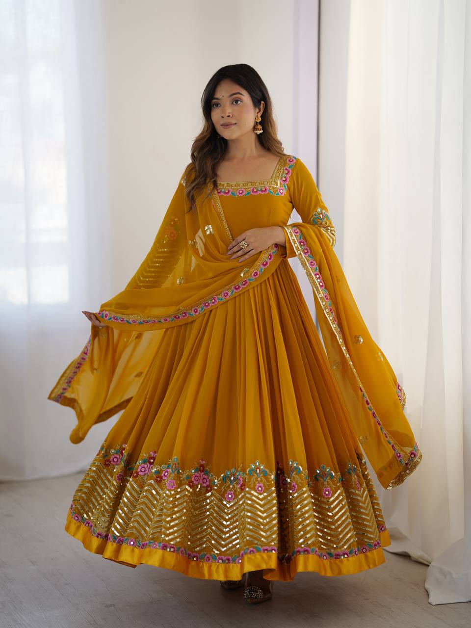 Yellow Georgette Embroidered Anarkali Suit with Dupatta and Bottom XXL