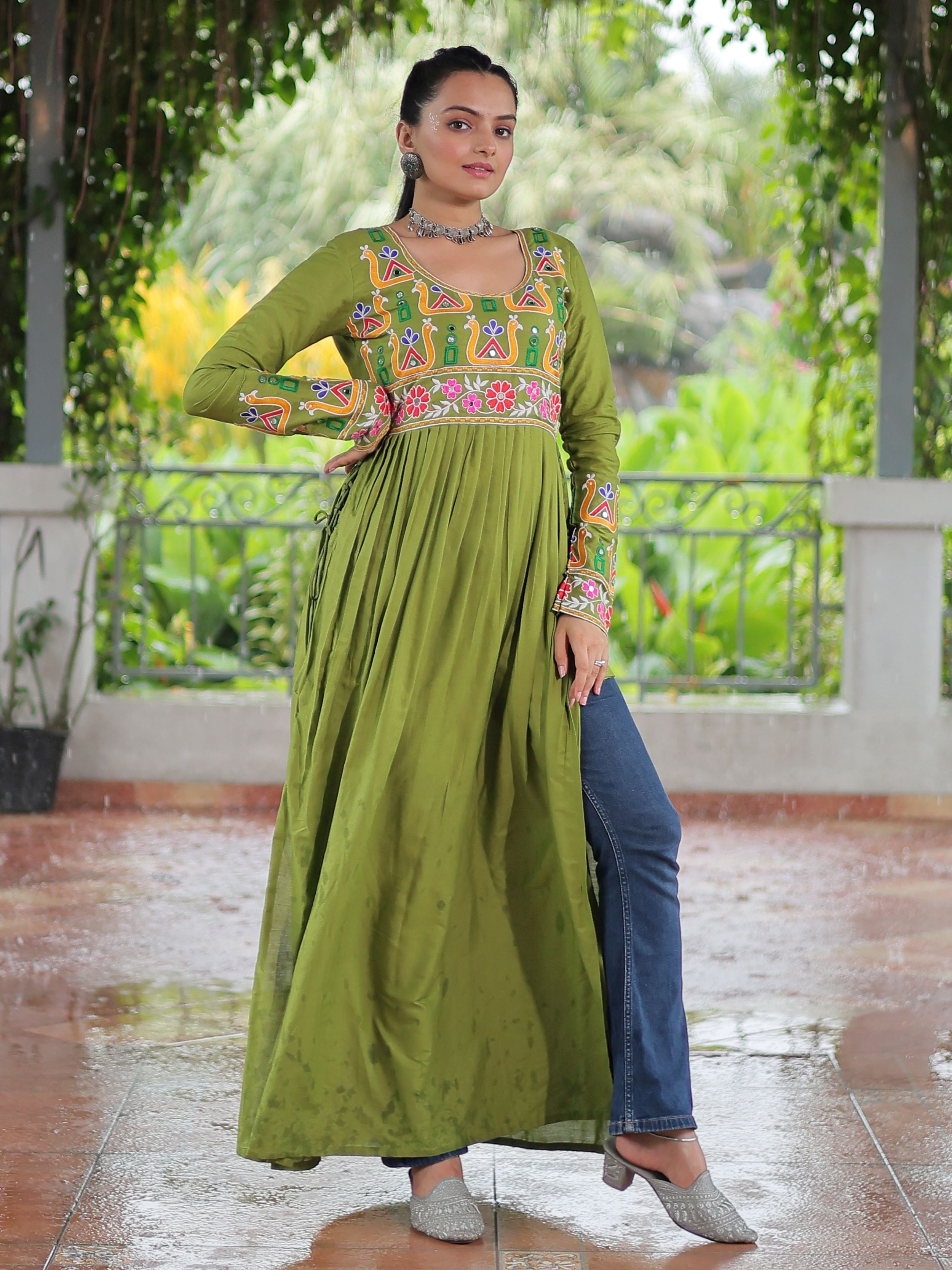 Green Pure Rayon Kutchi Gamthi Work Nayra Cut Kurti