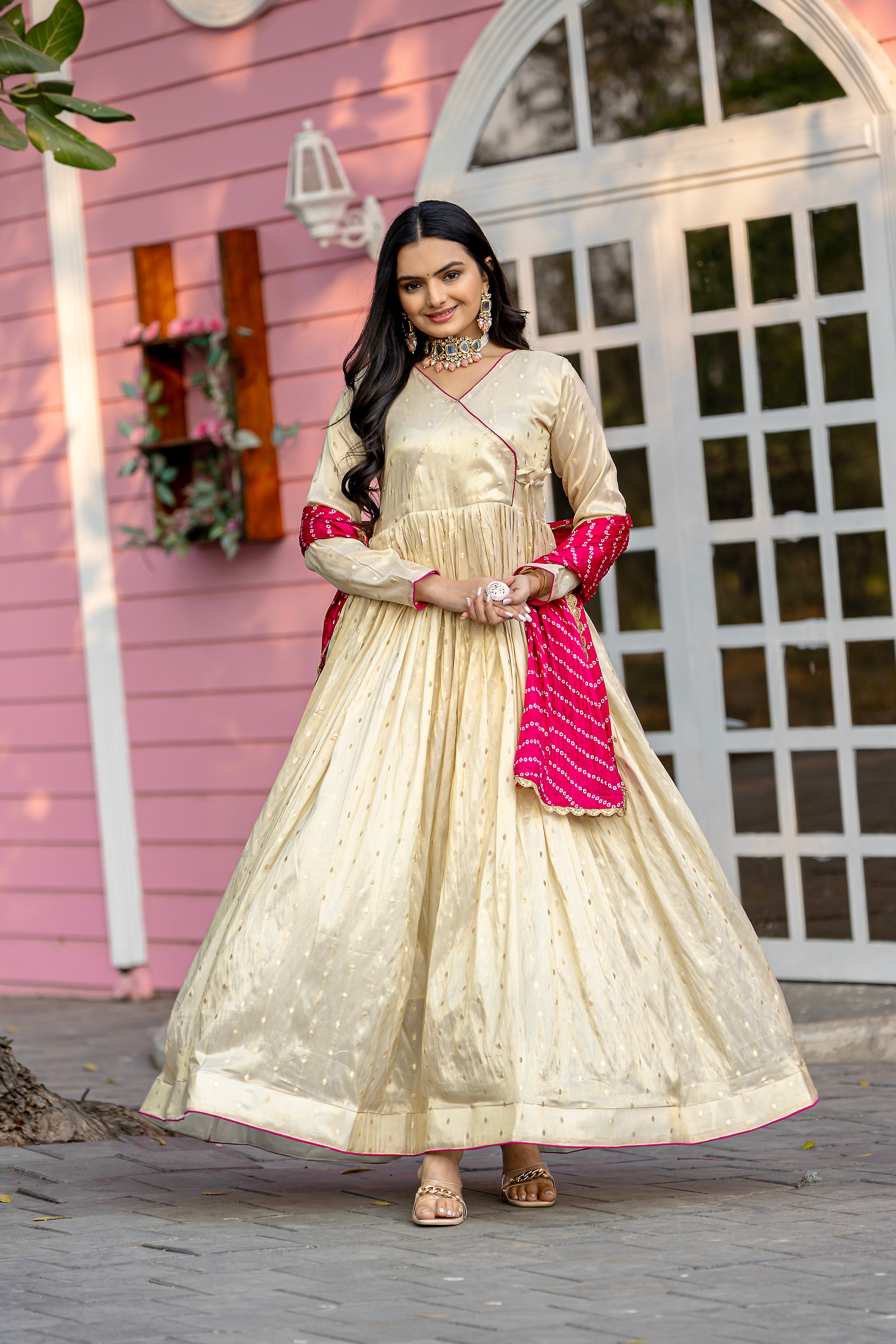 Cream Color Jacquard Butti Gown with Digital Printed Chinon Dupatta
