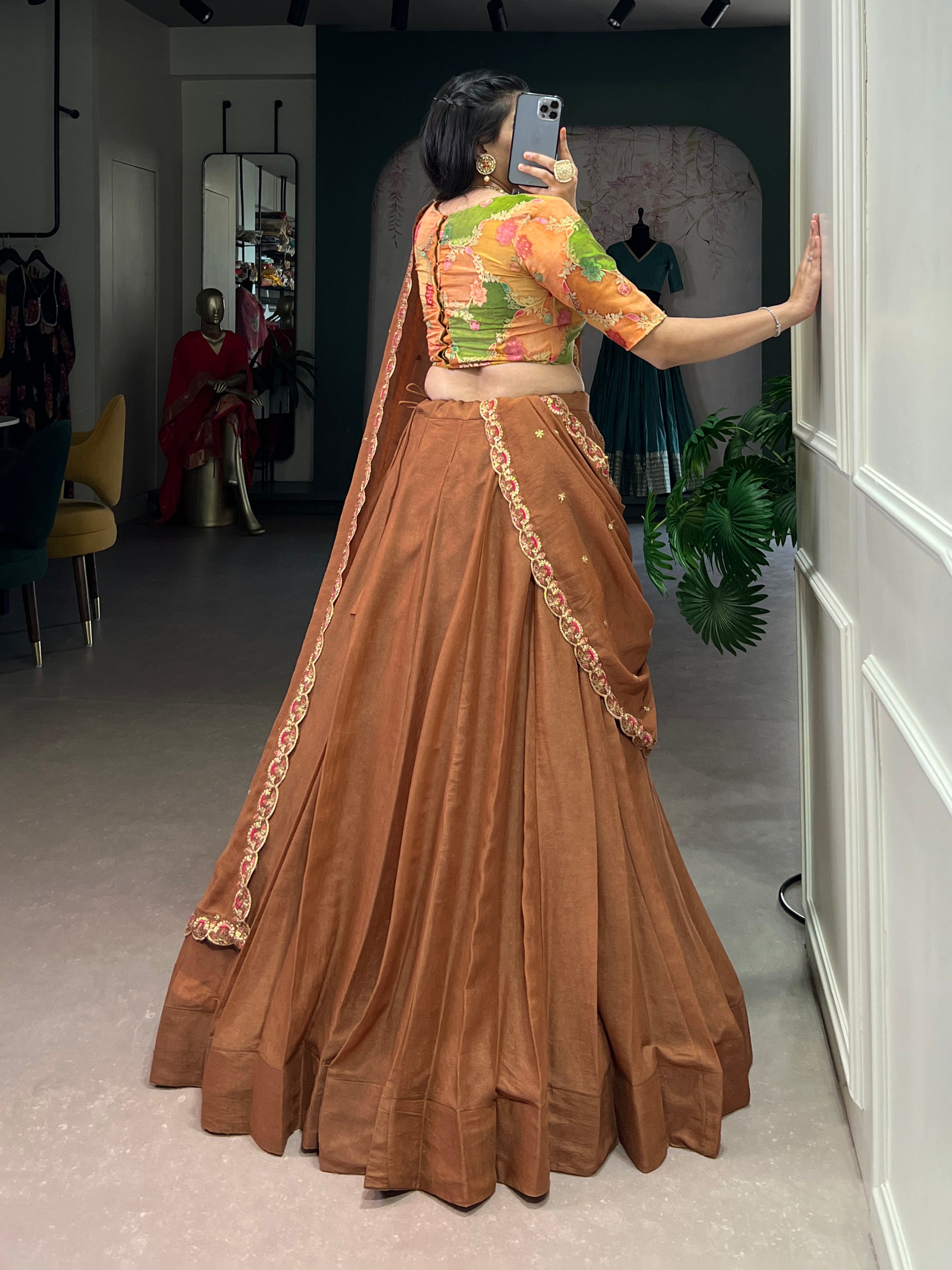 Omisha Chocolate Color Crush Silk Gotta Patti Position Printed Lehenga Choli