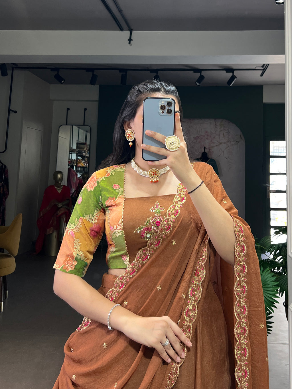 Omisha Chocolate Color Crush Silk Gotta Patti Position Printed Lehenga Choli