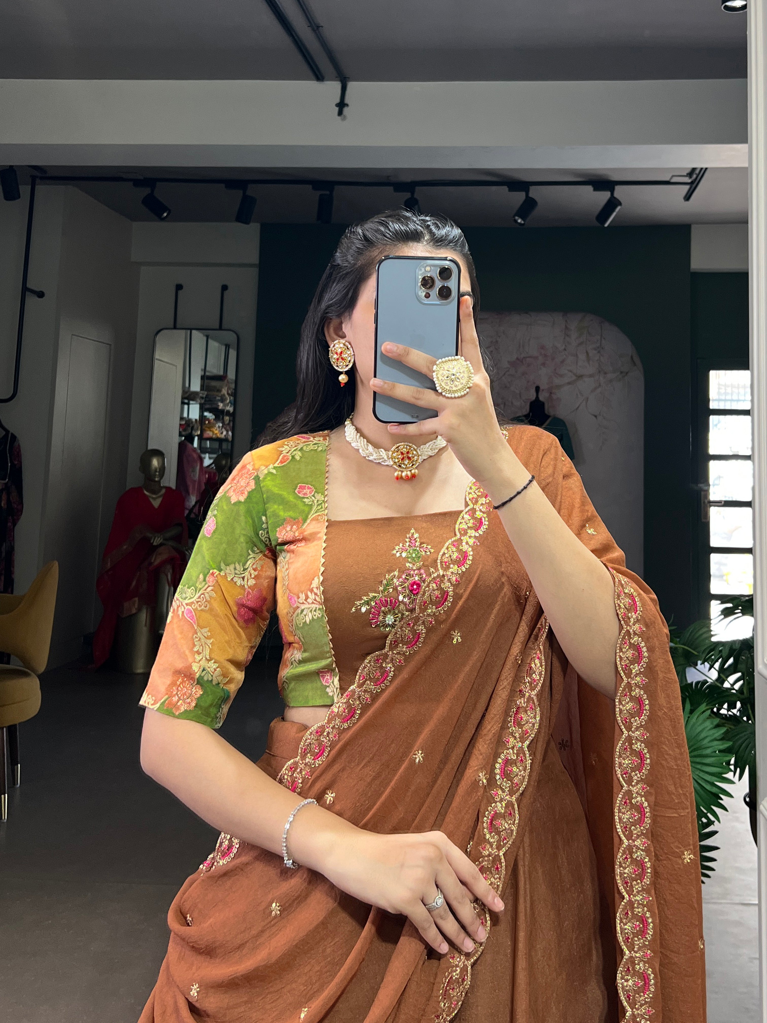 Omisha Chocolate Color Crush Silk Gotta Patti Position Printed Lehenga Choli