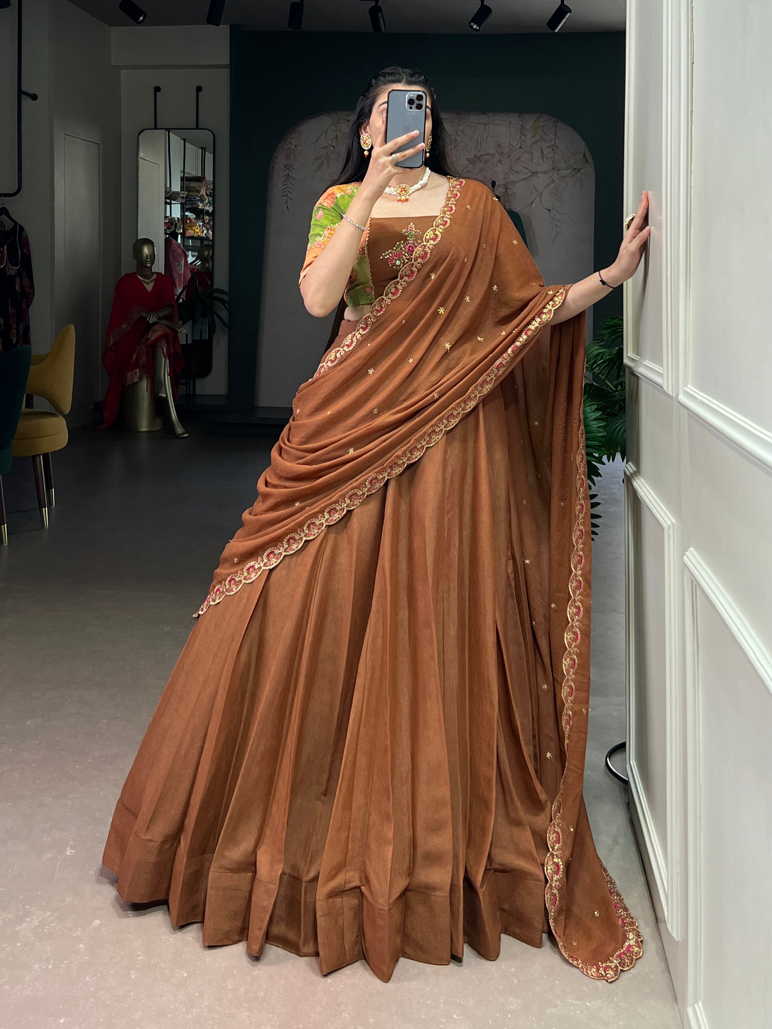 Omisha Chocolate Color Crush Silk Gotta Patti Position Printed Lehenga Choli