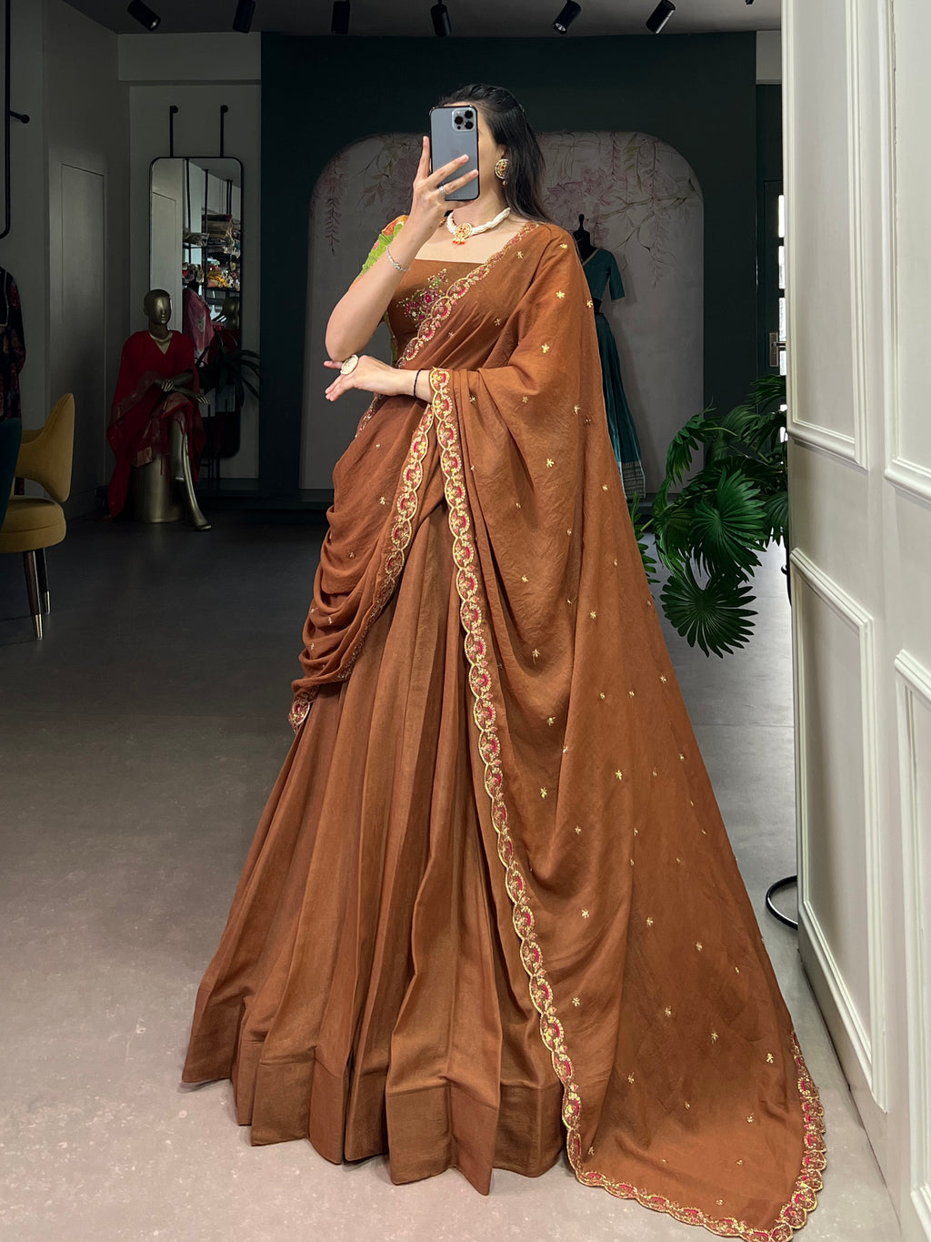 Omisha Chocolate Color Crush Silk Gotta Patti Position Printed Lehenga Choli