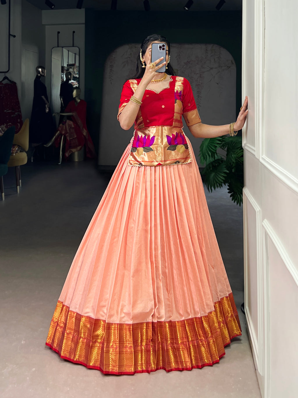 Vini Peach Color Cotton Silk Zari Weaving Co-ord Set Lehenga