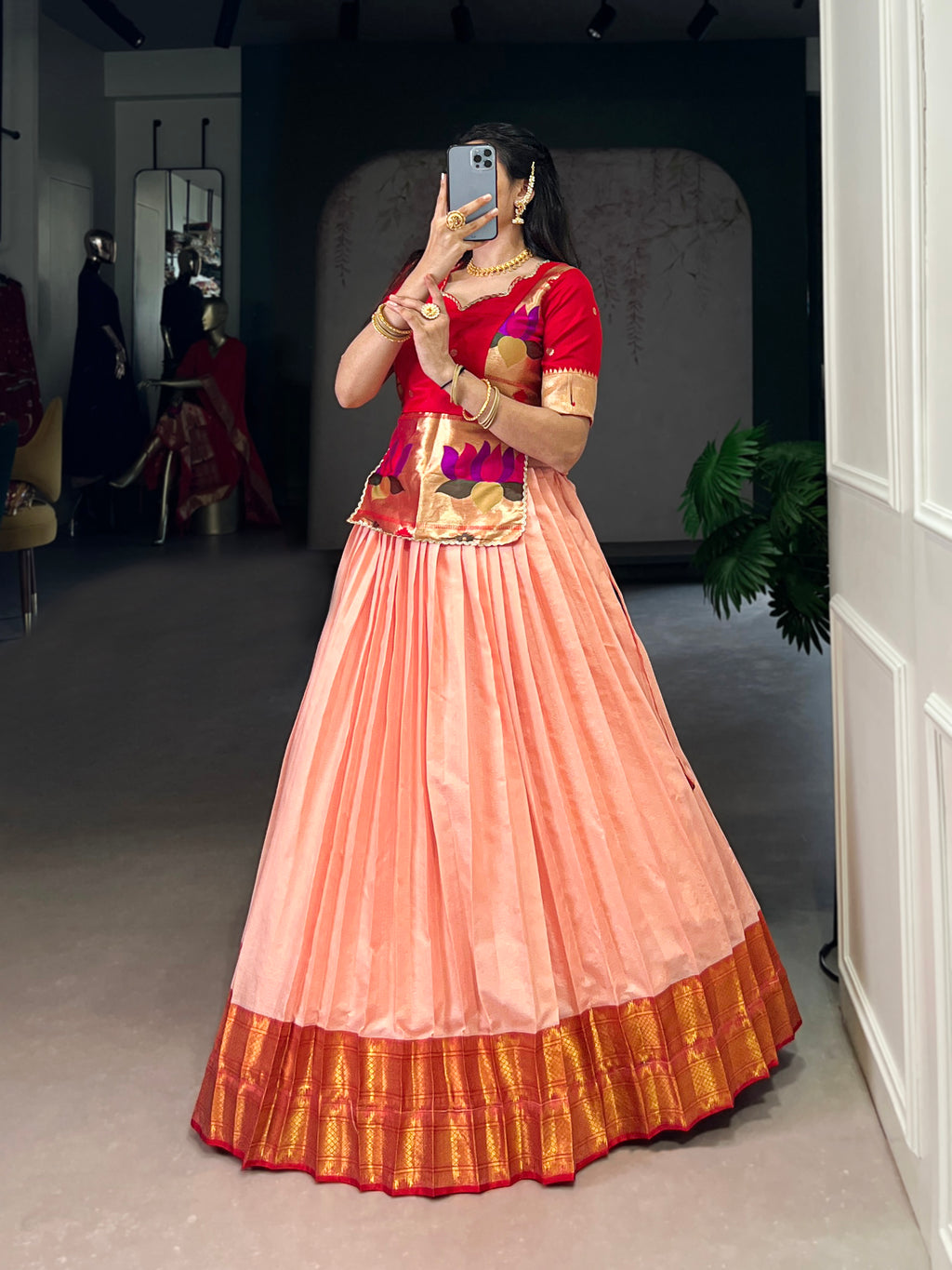 Vini Peach Color Cotton Silk Zari Weaving Co-ord Set Lehenga