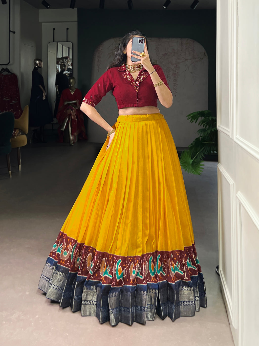 Nira Mustard Yellow Poly Cotton Zari Weaving Co-ord Set Lehenga