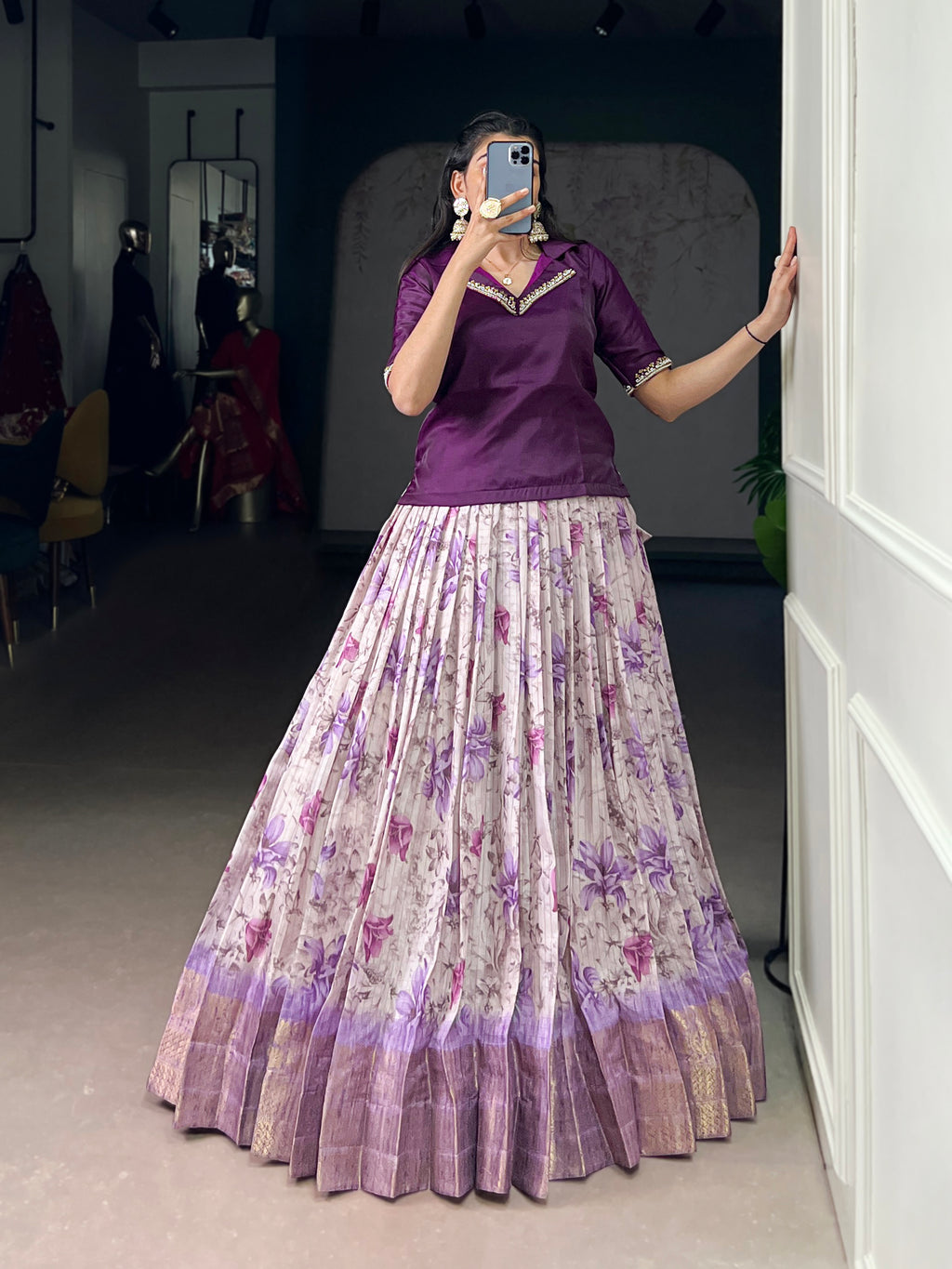 Diti Purple Dola Chex Floral Printed Zari Weaving Work Co-ord Set Lehenga