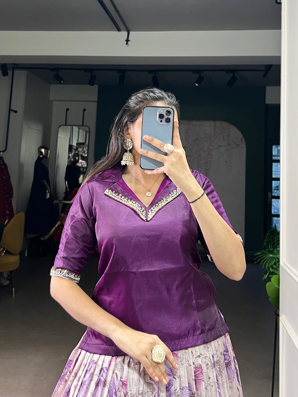 Diti Purple Dola Chex Floral Printed Zari Weaving Work Co-ord Set Lehenga