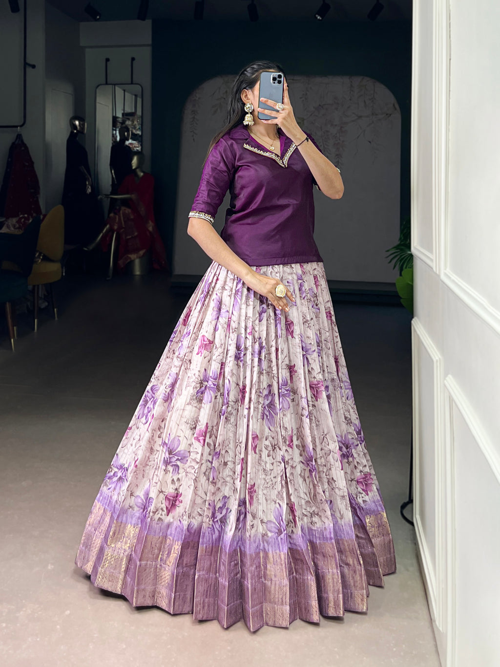 Diti Purple Dola Chex Floral Printed Zari Weaving Work Co-ord Set Lehenga