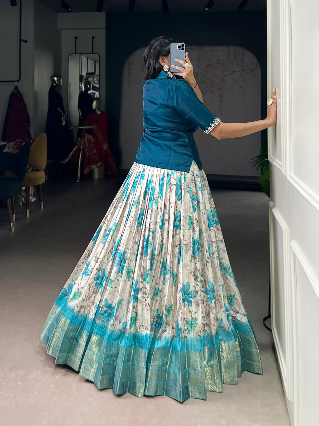 Diti Teal Blue Dola Chex Floral Printed Zari Weaving Work Co-ord Set Lehenga