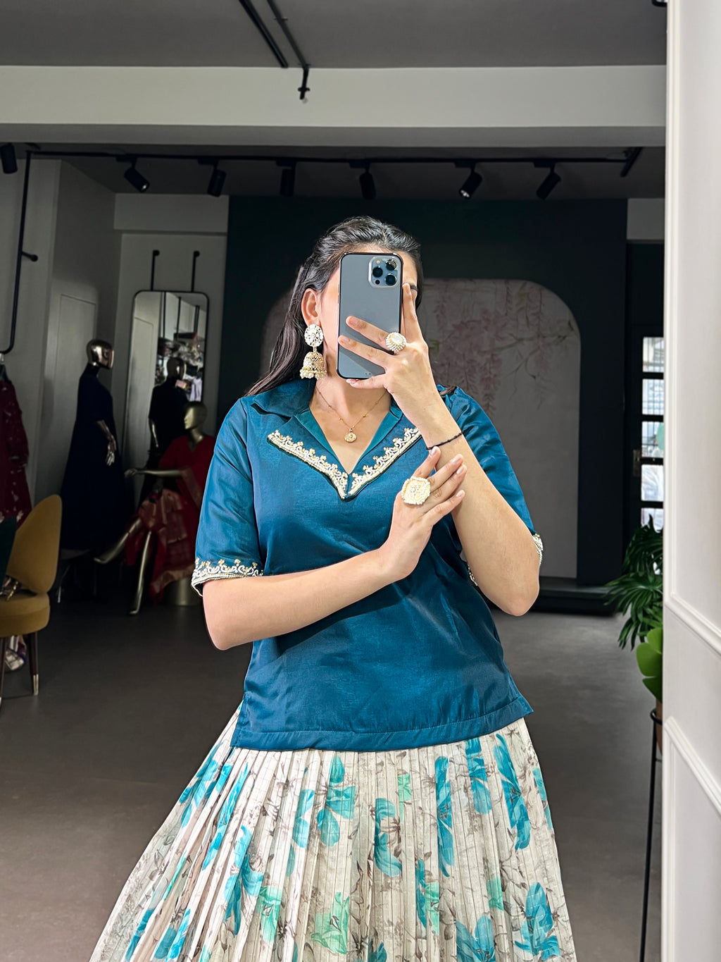 Diti Teal Blue Dola Chex Floral Printed Zari Weaving Work Co-ord Set Lehenga