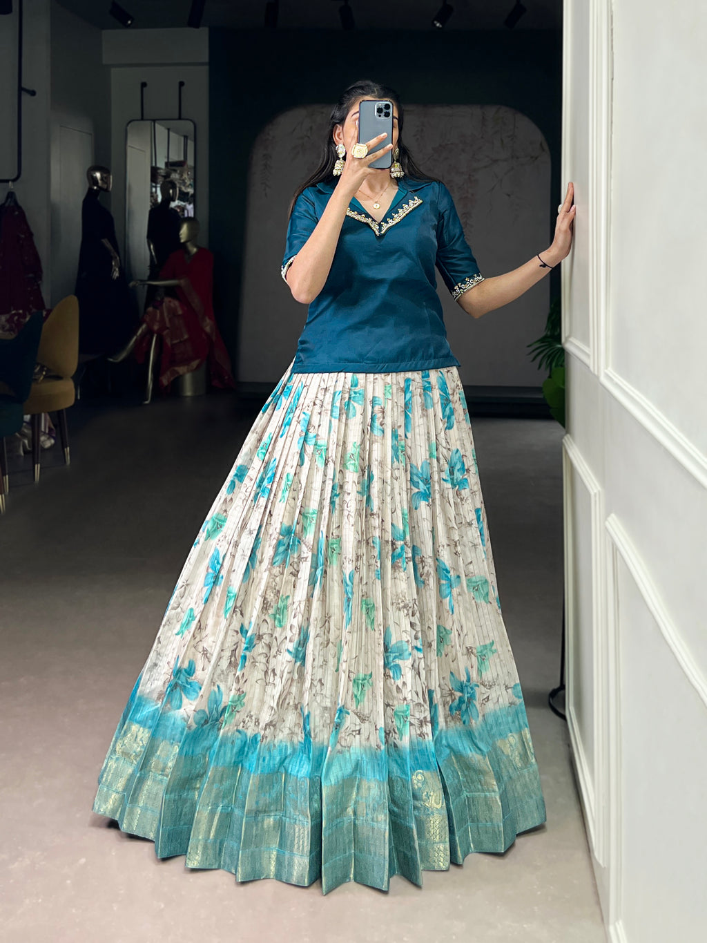 Diti Teal Blue Dola Chex Floral Printed Zari Weaving Work Co-ord Set Lehenga