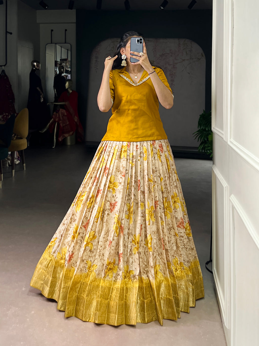 Diti Yellow Dola Chex Floral Printed Zari Weaving Work Co-ord Set Lehenga