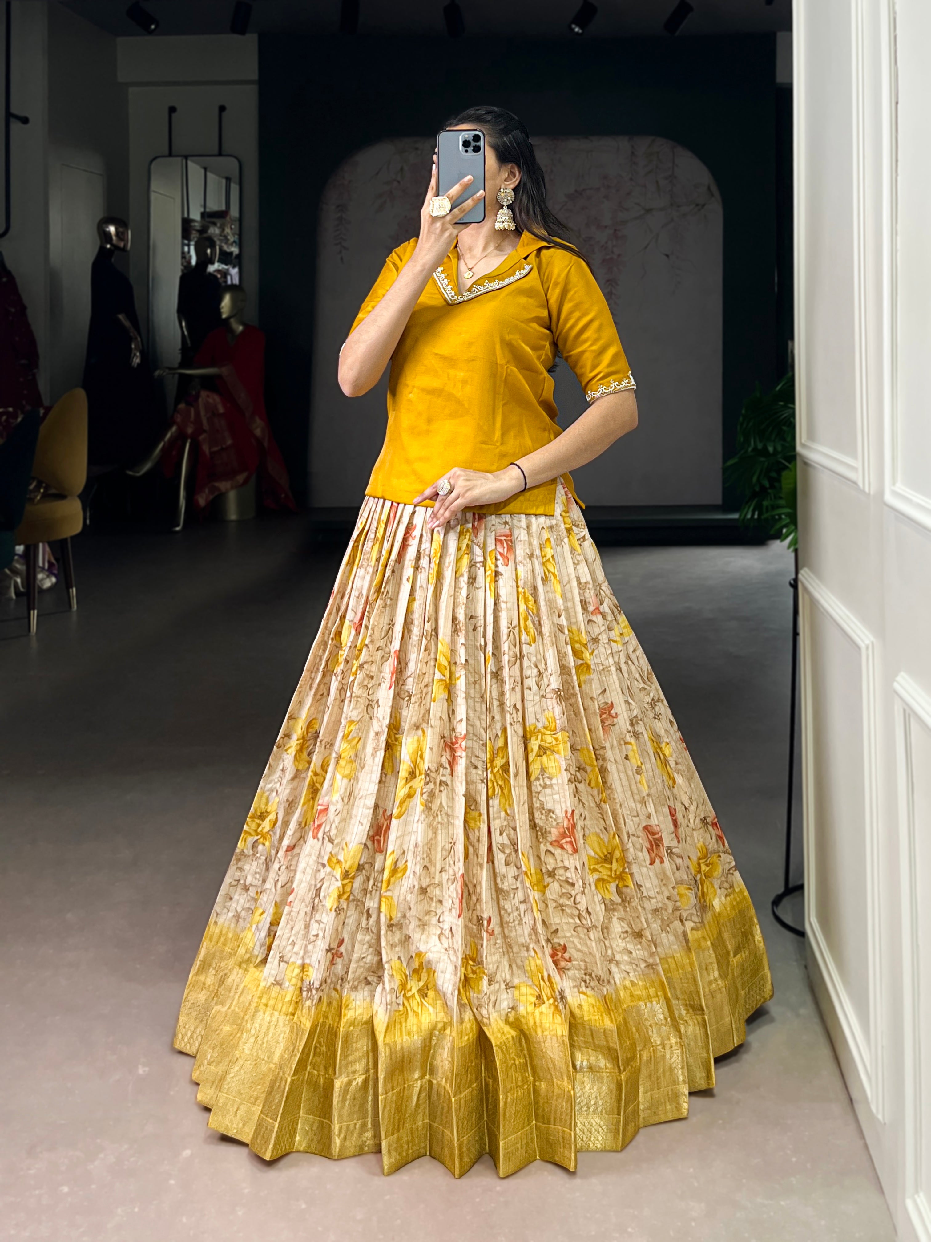 Diti Yellow Dola Chex Floral Printed Zari Weaving Work Co-ord Set Lehenga