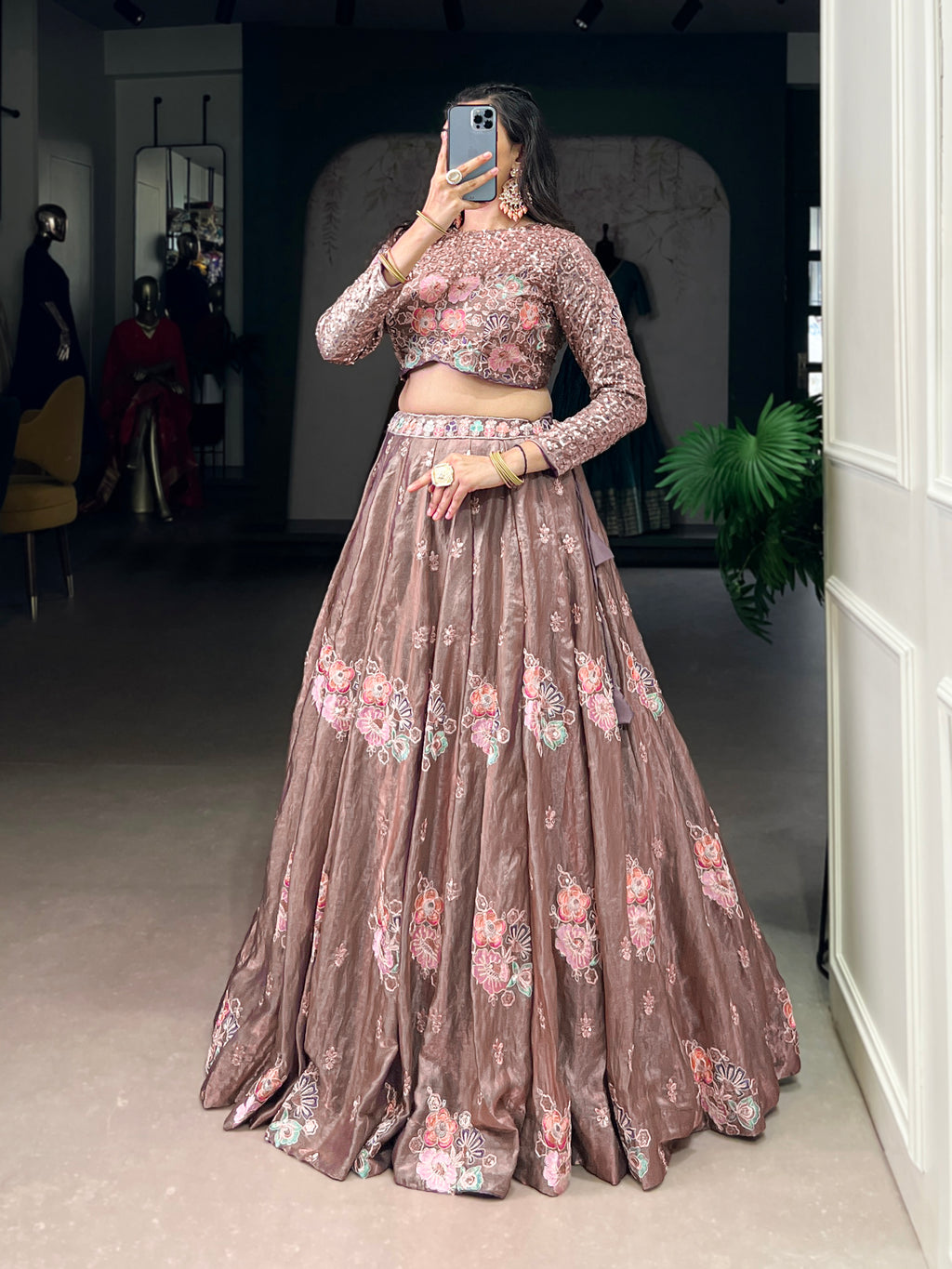 Anya Brown Color Fendi Sequins Embroidery Co-ord Lehenga Set