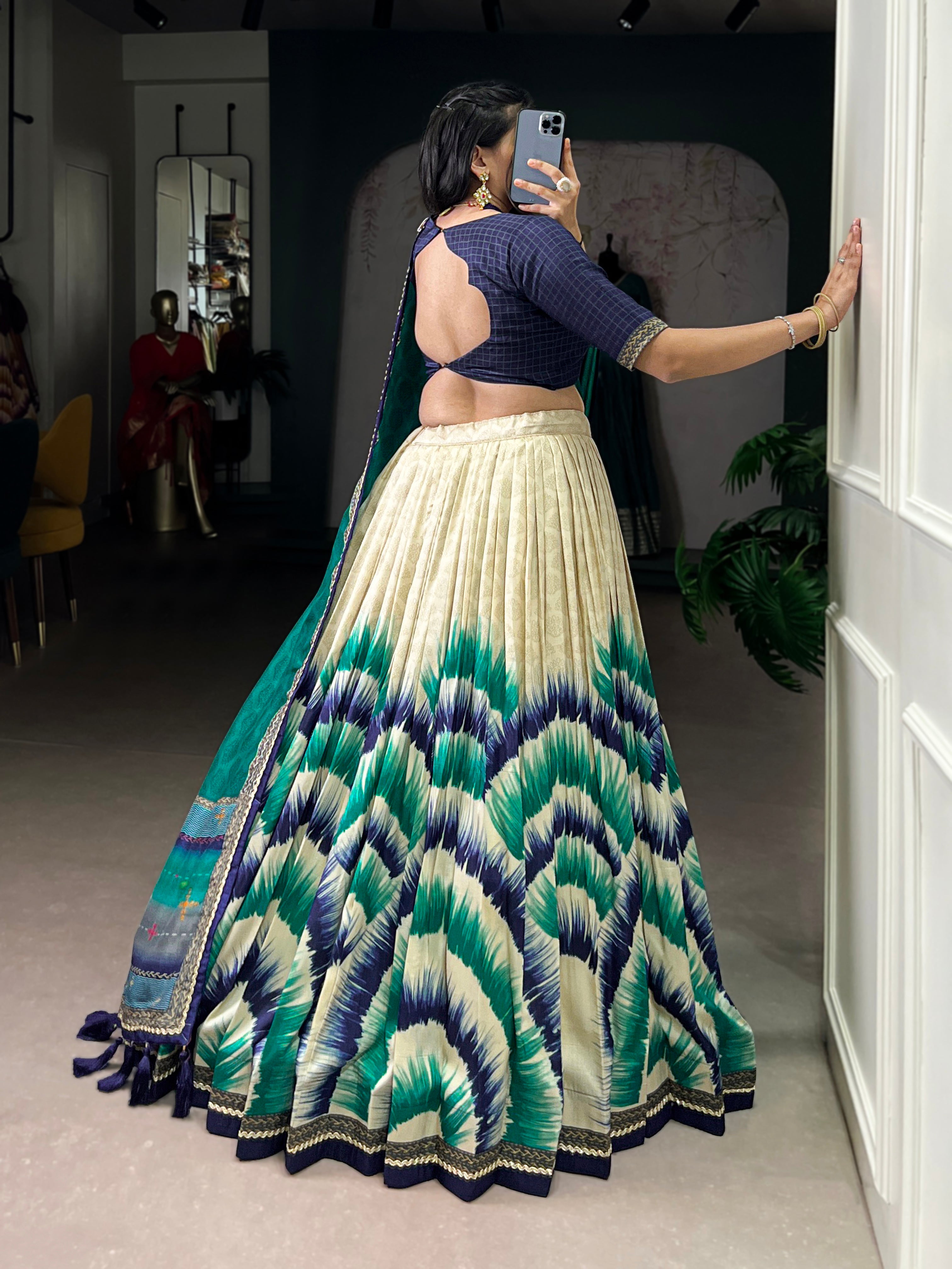 Siri Navy Blue Tasar Silk Dye Printed Lehenga Choli with Dupatta