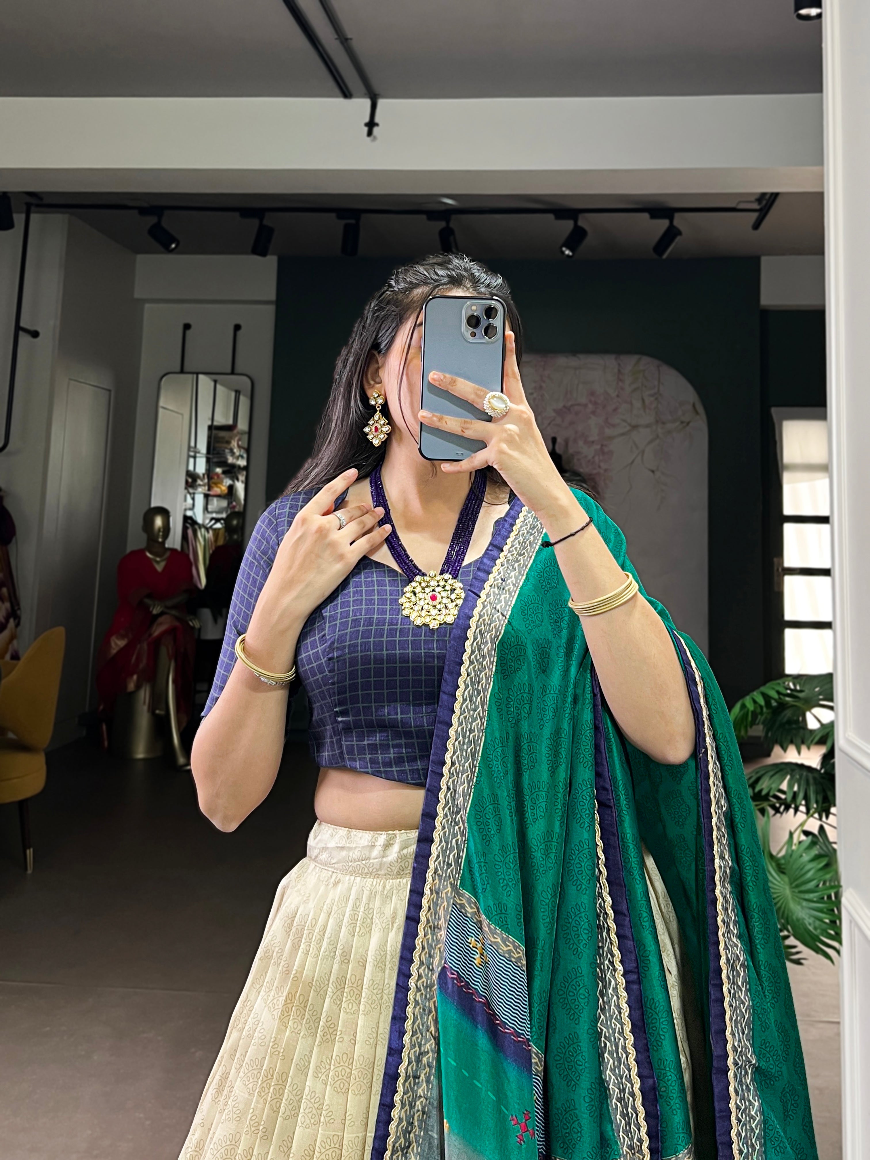 Siri Navy Blue Tasar Silk Dye Printed Lehenga Choli with Dupatta