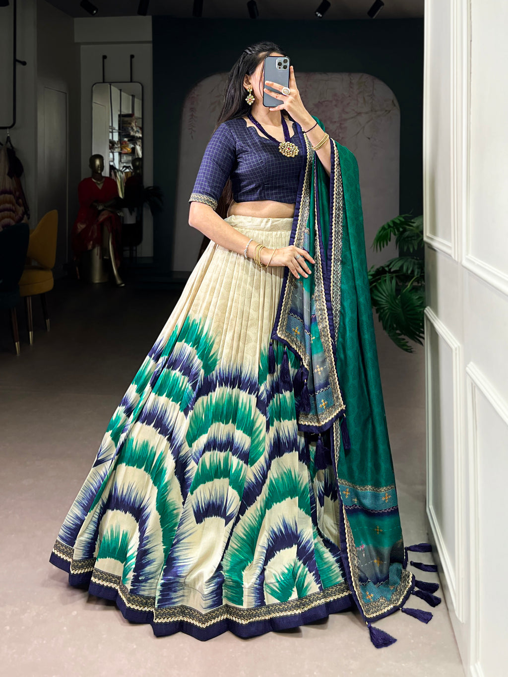 Siri Navy Blue Tasar Silk Dye Printed Lehenga Choli with Dupatta