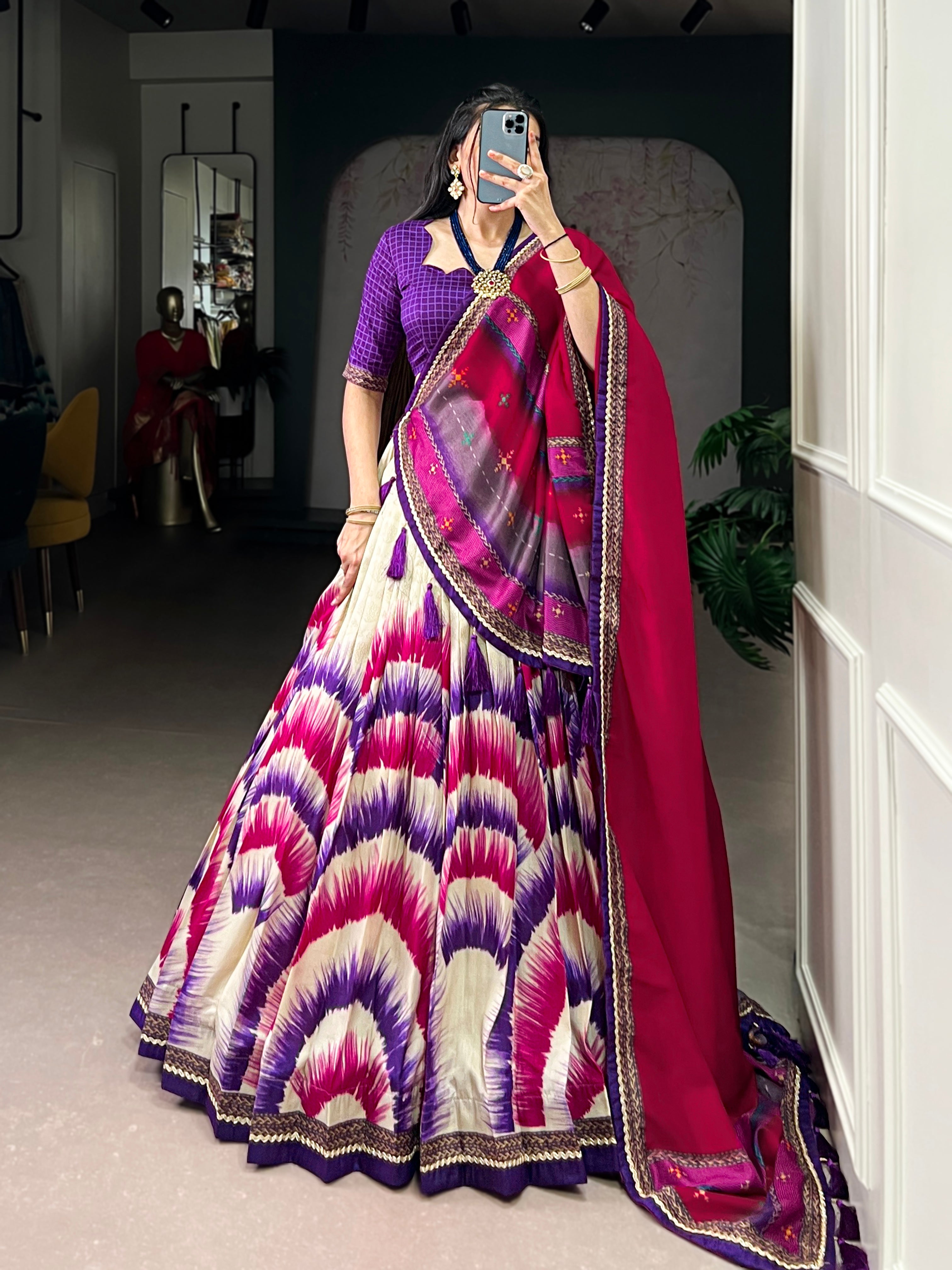 Siri Purple Color Tasar Silk Dye Printed Lehenga Choli with Dupatta