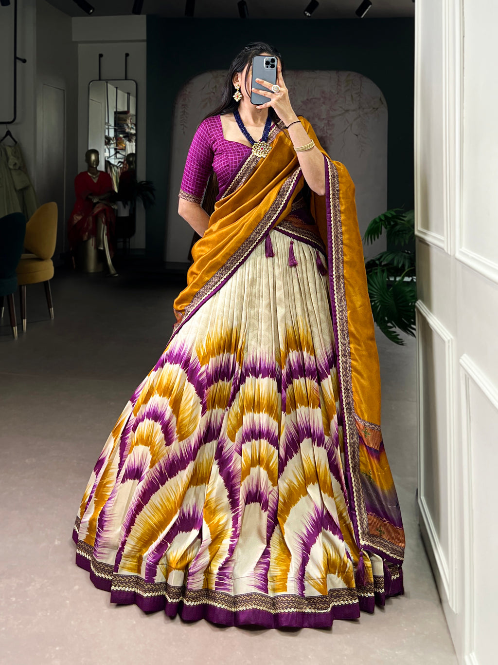 Siri Wine Color Tasar Silk Dye Printed Lehenga Choli with Dupatta