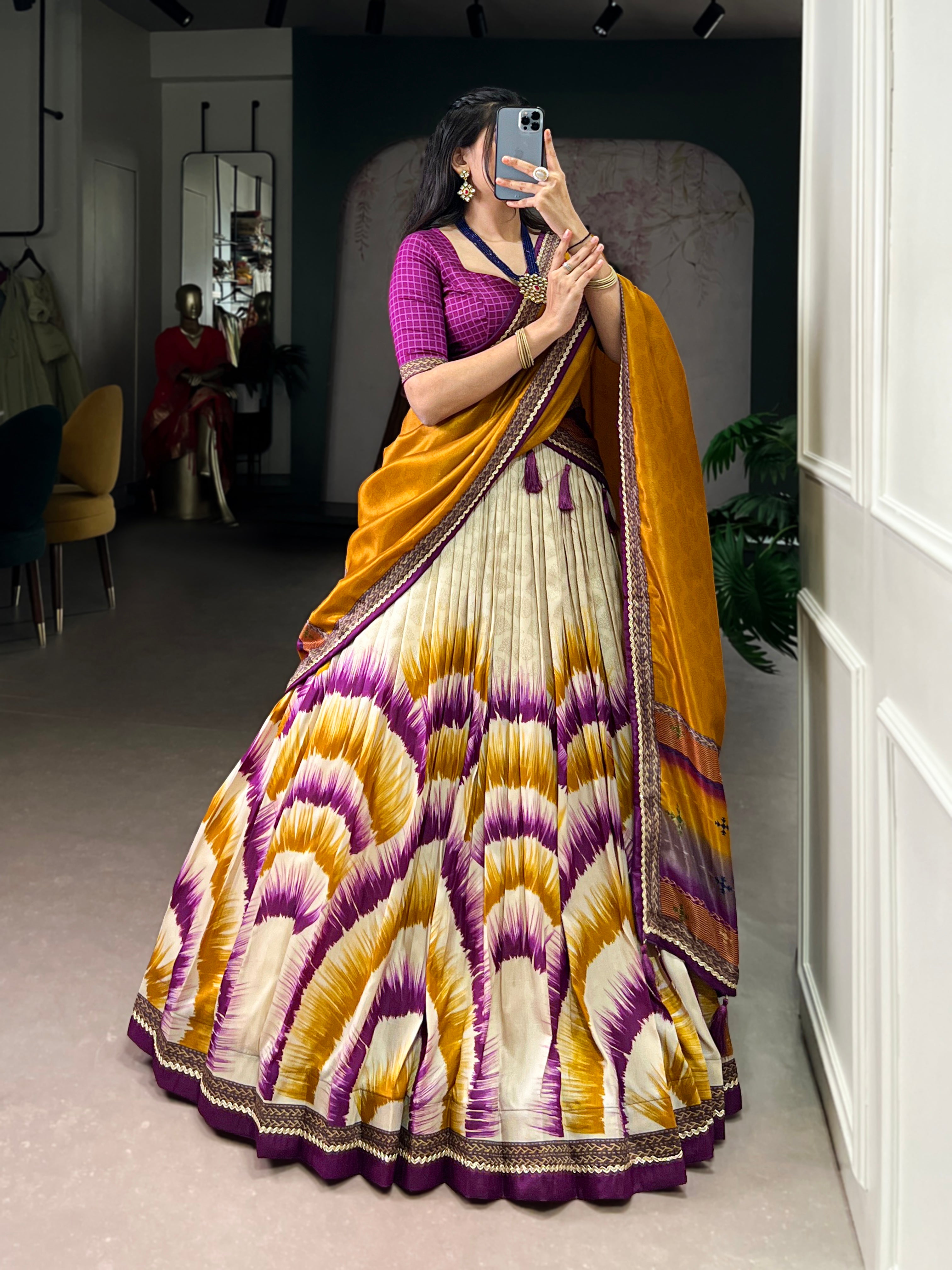 Siri Wine Color Tasar Silk Dye Printed Lehenga Choli with Dupatta