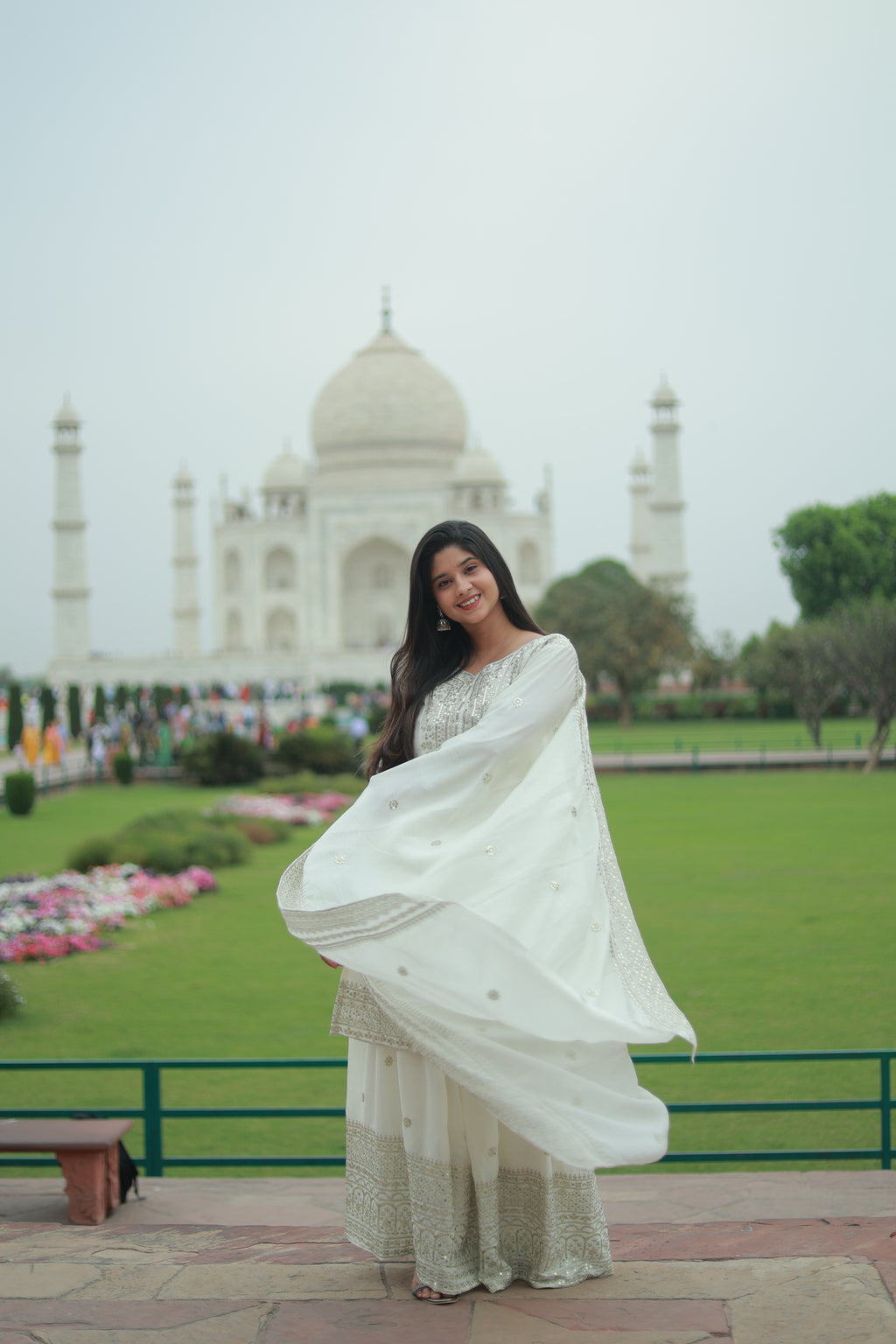 Shubha White Embroidered Chinon Silk Kurti Sharara Set