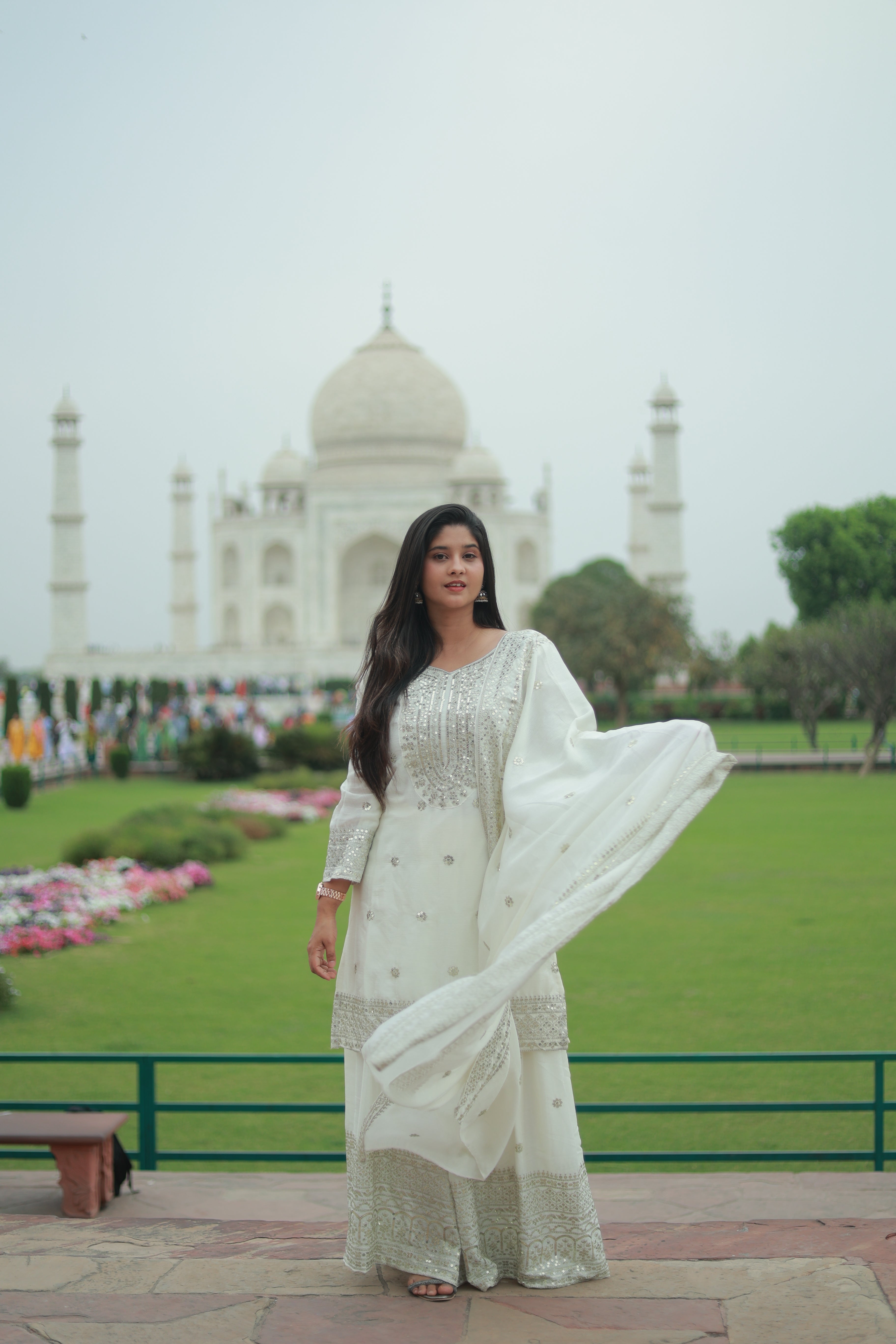 Shubha White Embroidered Chinon Silk Kurti Sharara Set