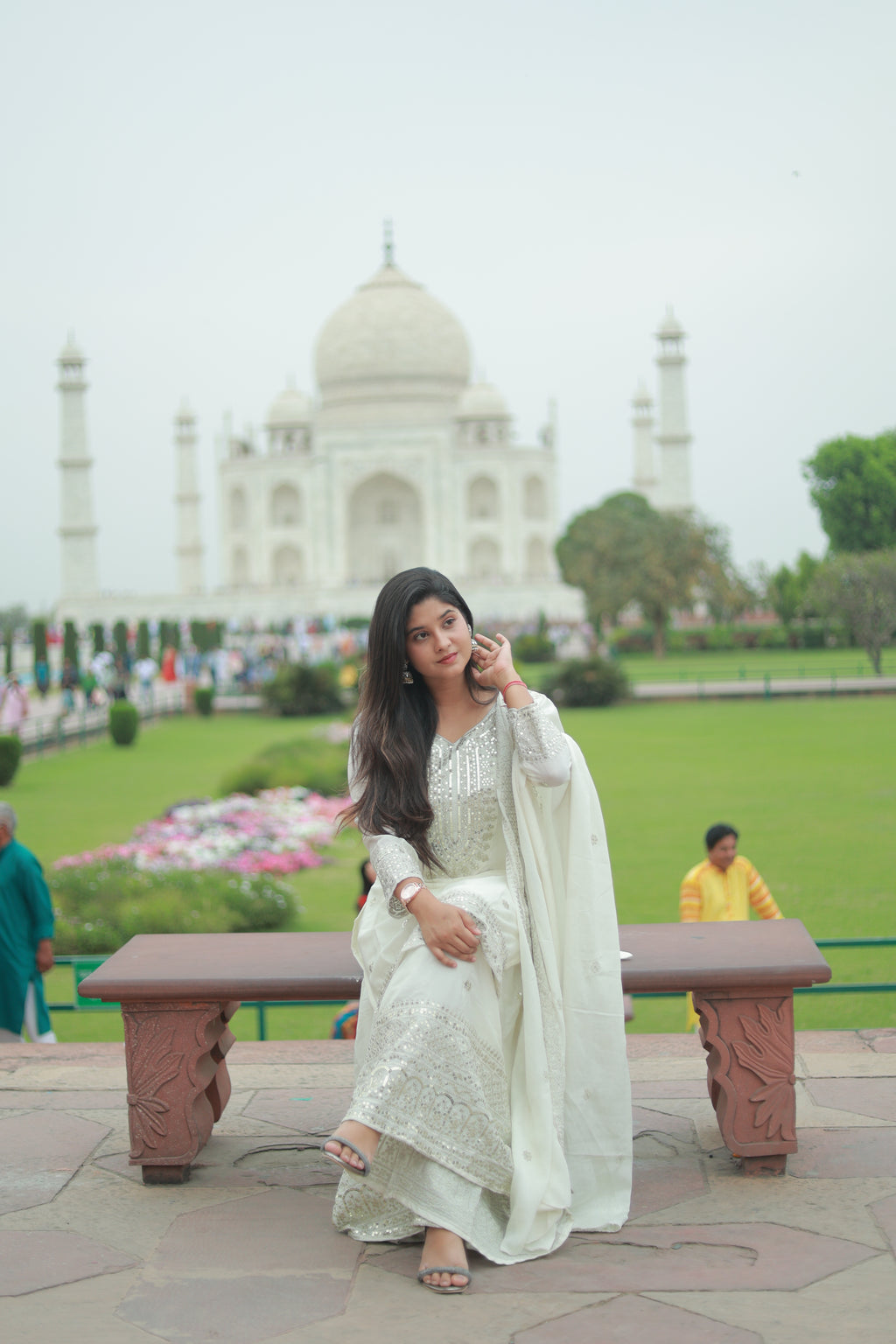 Shubha White Embroidered Chinon Silk Kurti Sharara Set