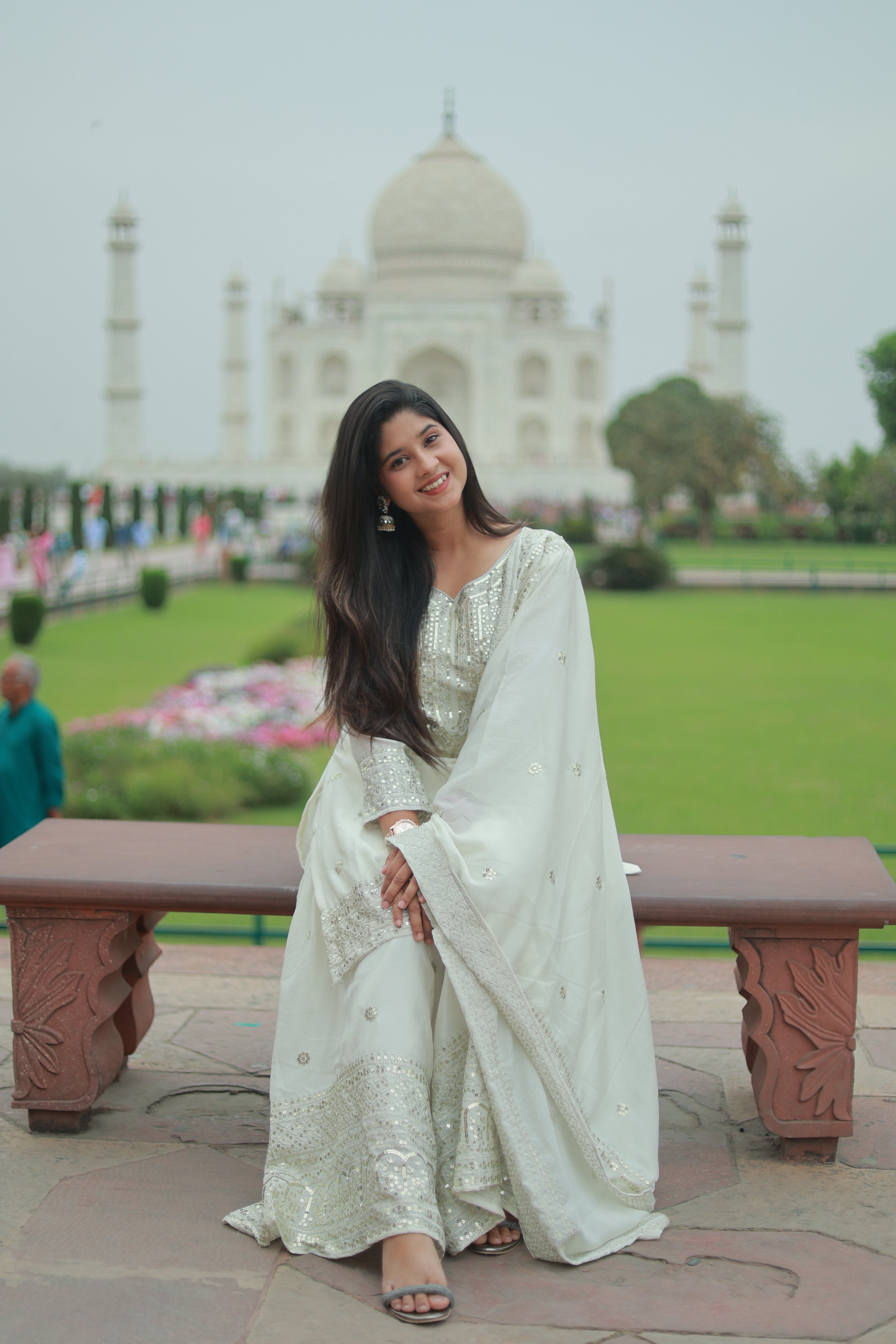 Shubha White Embroidered Chinon Silk Kurti Sharara Set