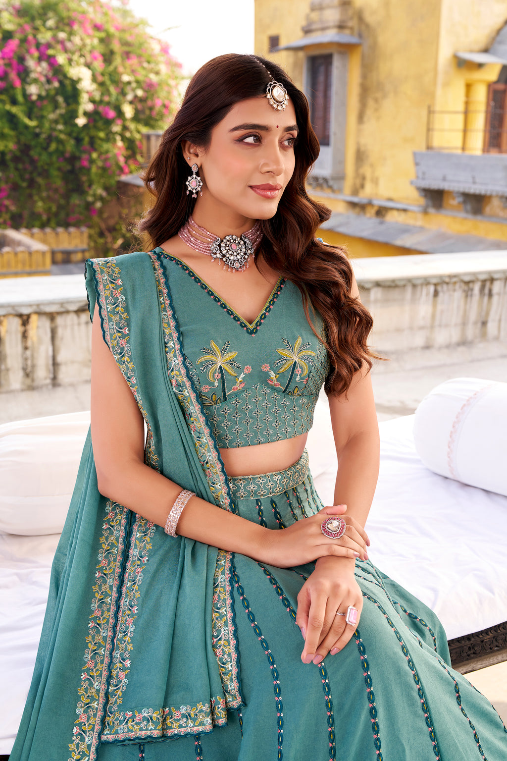 Zarakh Sky Blue Color Crush Silk Sequins and Thread Embroidery Work Lehenga Choli