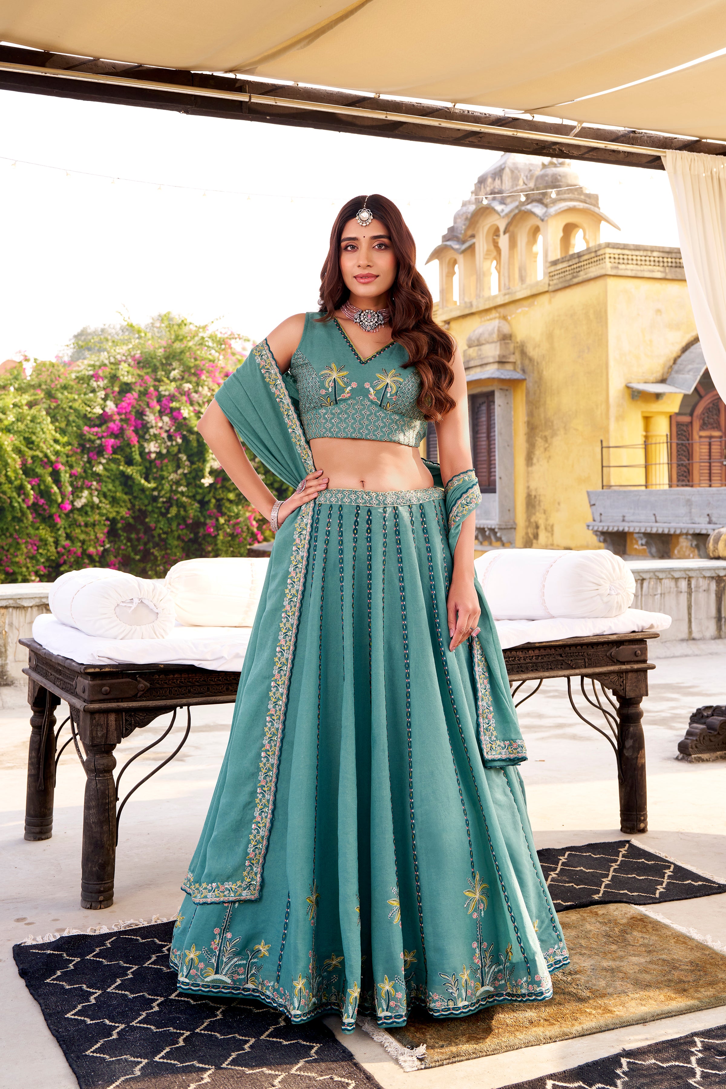 Zarakh Sky Blue Color Crush Silk Sequins and Thread Embroidery Work Lehenga Choli