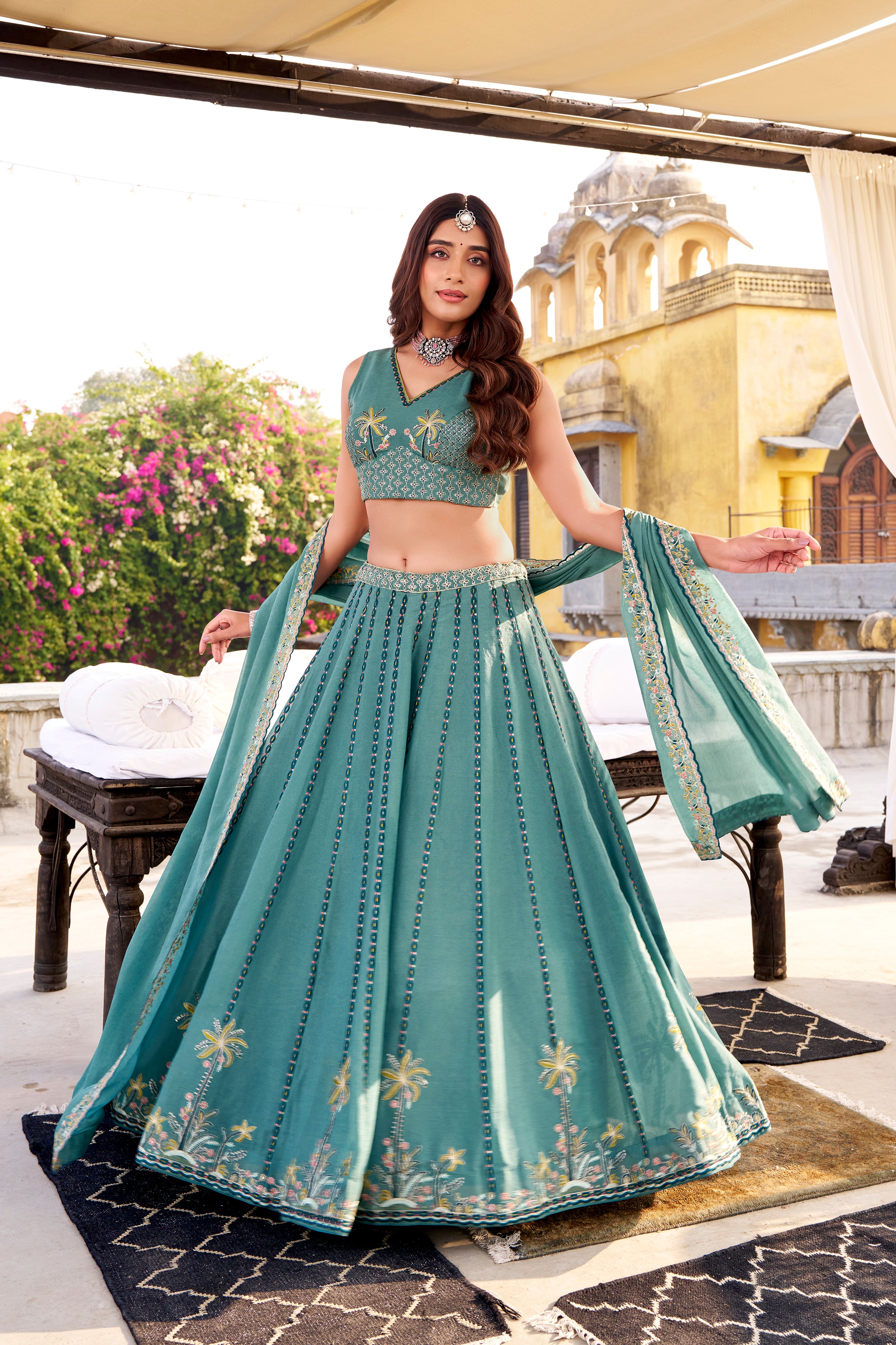 Zarakh Sky Blue Color Crush Silk Sequins and Thread Embroidery Work Lehenga Choli