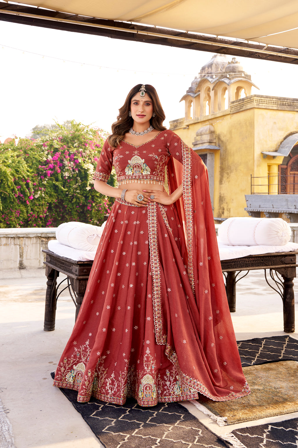 Zarakh Rust Maroon Crush Silk Sequins and Thread Embroidery Work Lehenga Choli