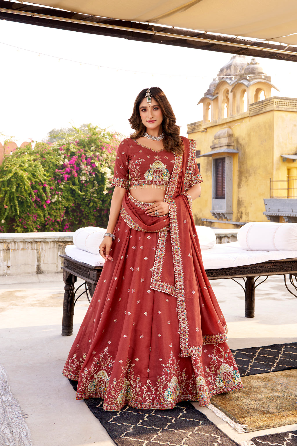 Zarakh Rust Maroon Crush Silk Sequins and Thread Embroidery Work Lehenga Choli