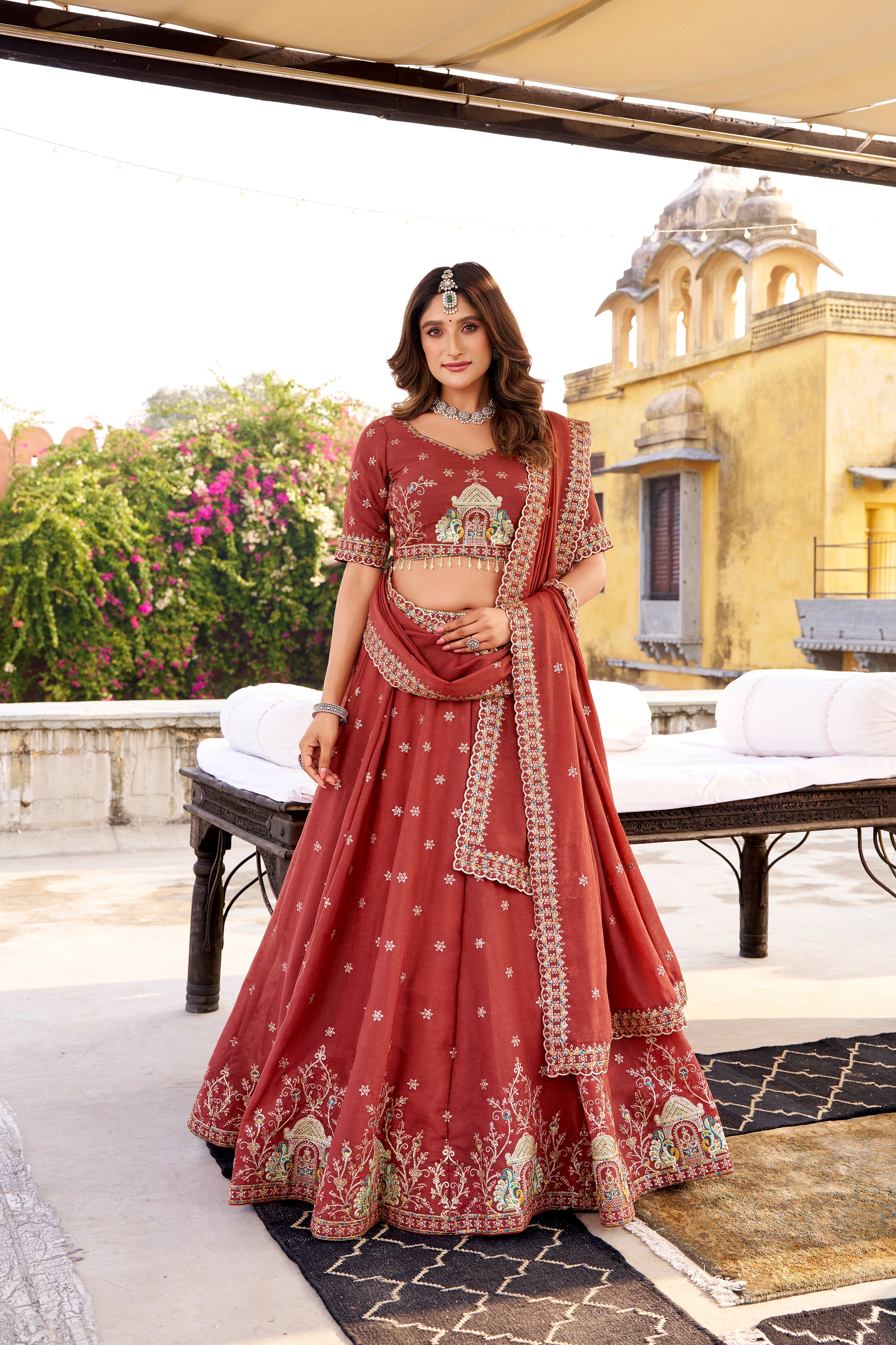 Zarakh Rust Maroon Crush Silk Sequins and Thread Embroidery Work Lehenga Choli