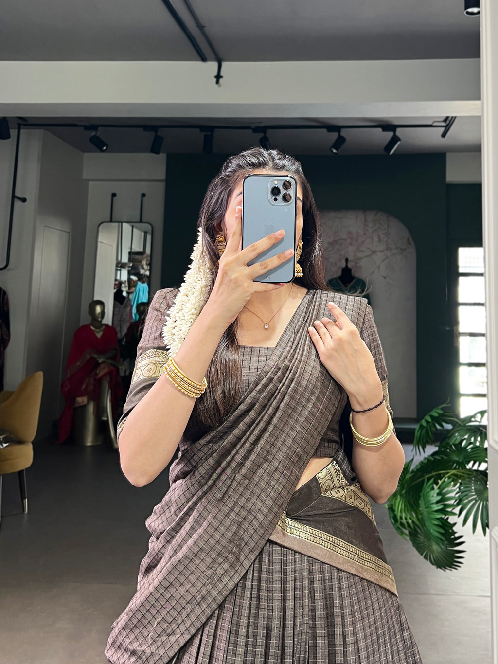 Rimi Grey Color Chettinad Cotton Chex With Zari Weaving Work Half-Saree Lehenga