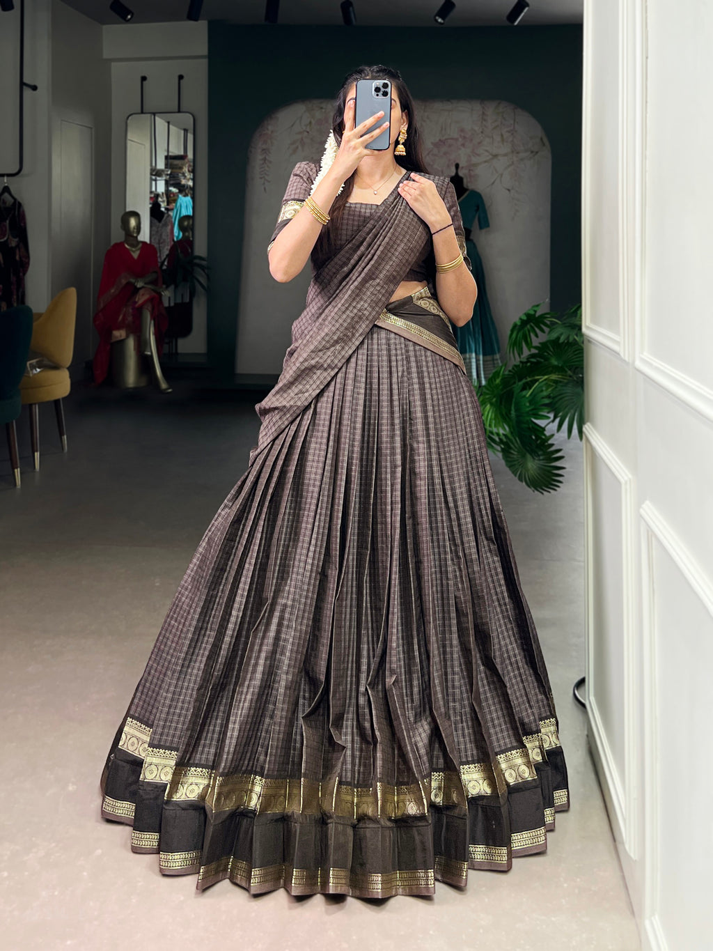 Rimi Grey Color Chettinad Cotton Chex With Zari Weaving Work Half-Saree Lehenga