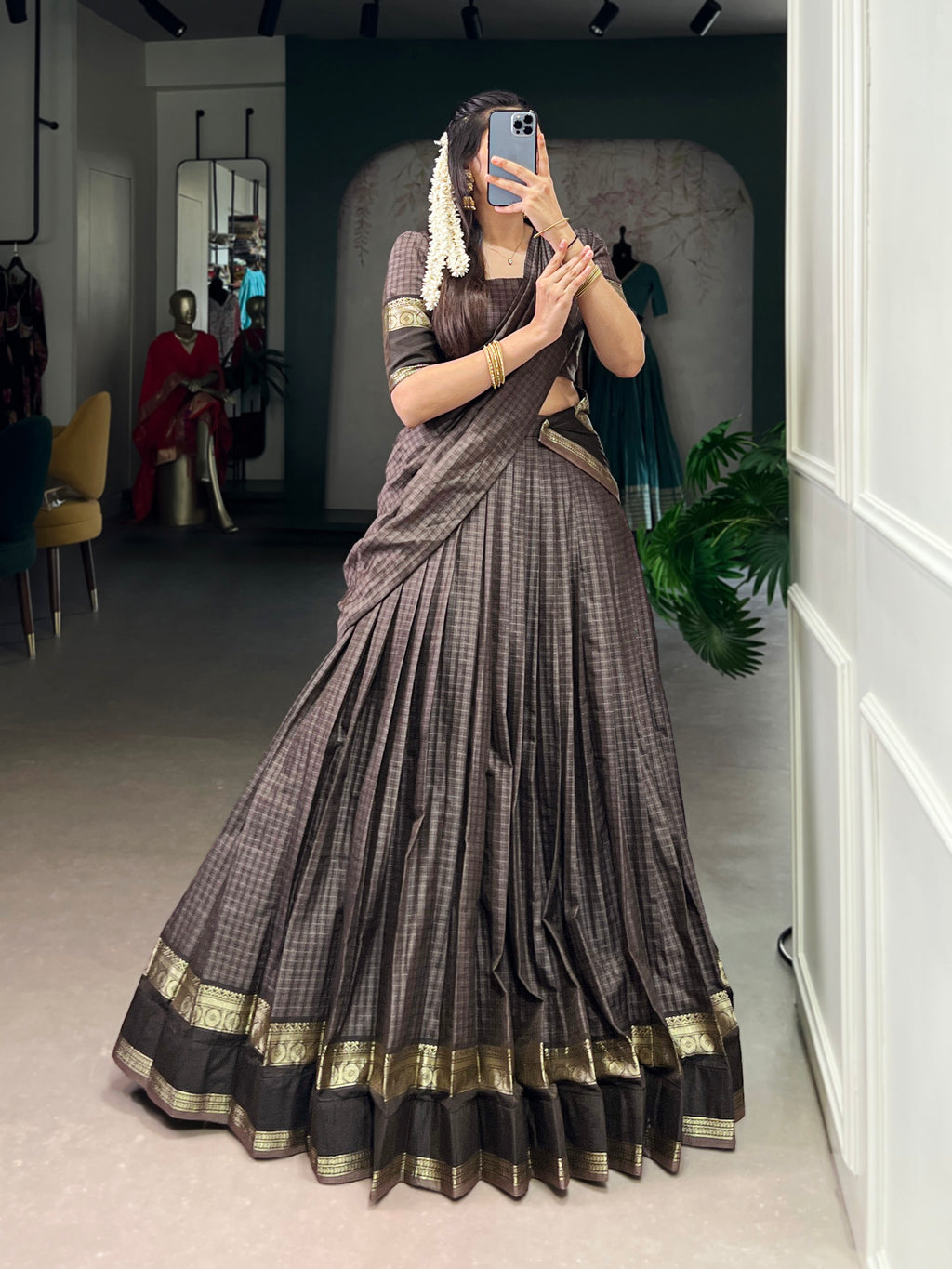 Rimi Grey Color Chettinad Cotton Chex With Zari Weaving Work Half-Saree Lehenga