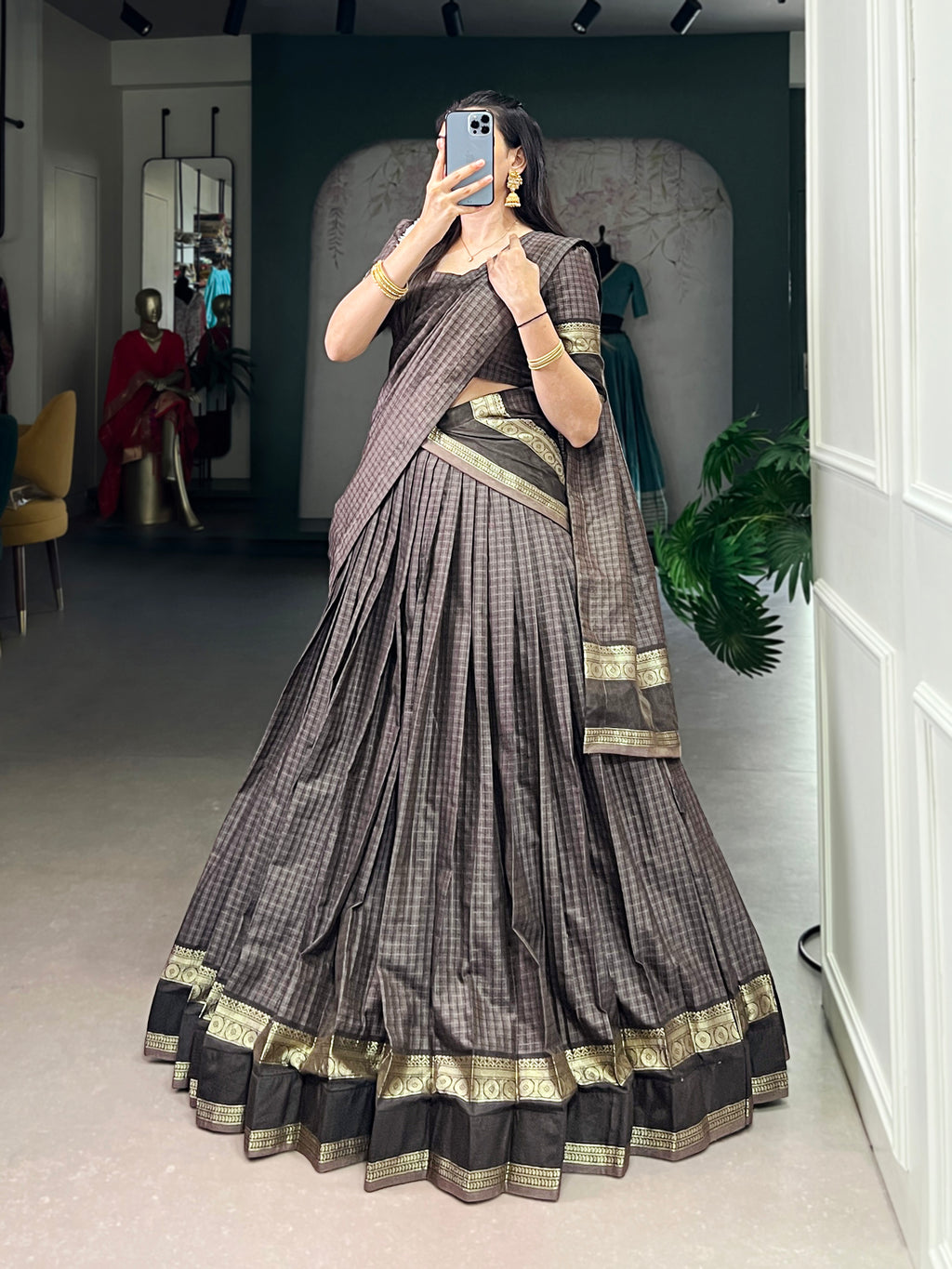 Rimi Grey Color Chettinad Cotton Chex With Zari Weaving Work Half-Saree Lehenga