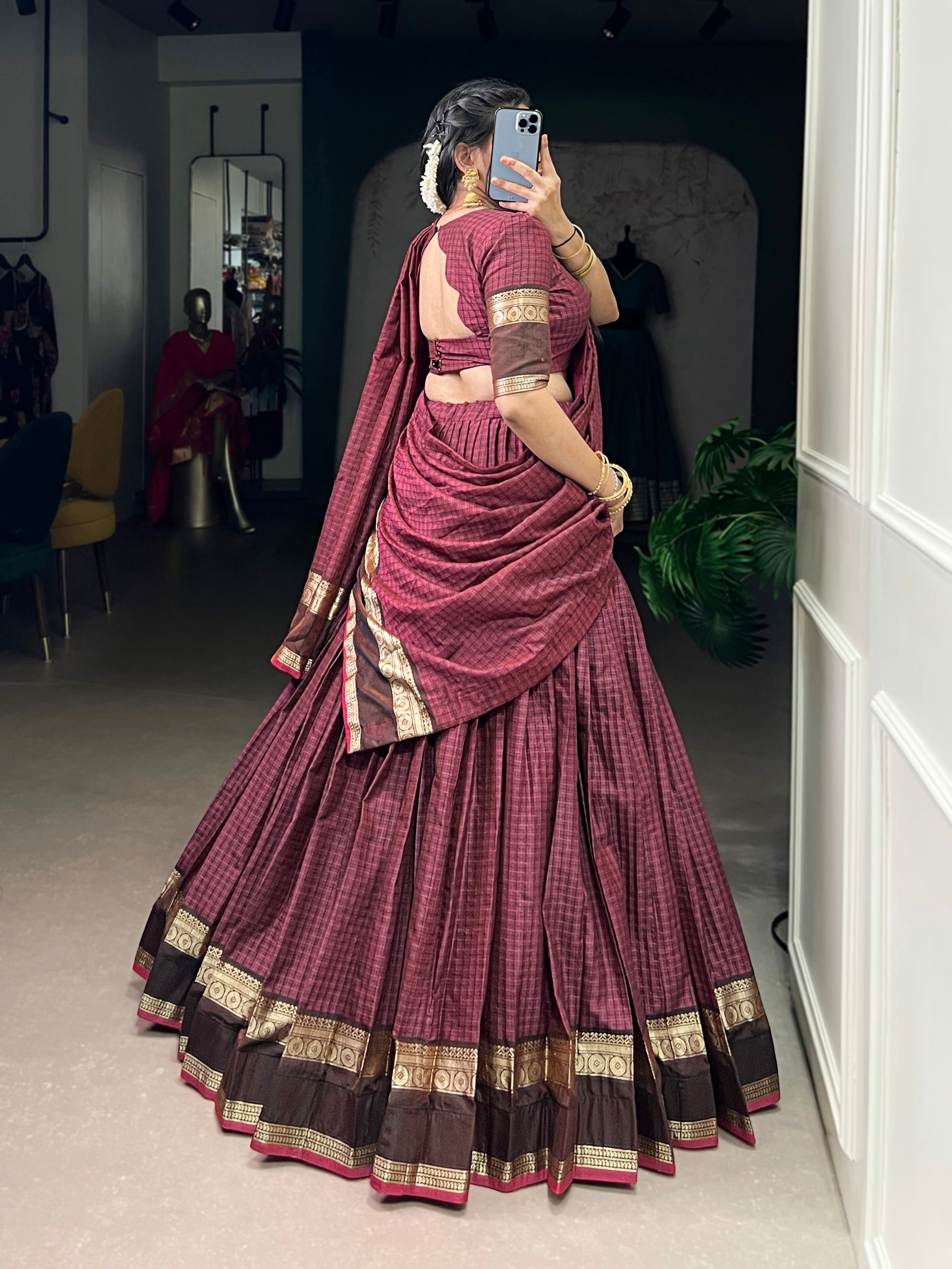 Rimi Mulberry Color Chettinad Cotton Chex With Zari Weaving Work Half-Saree Lehenga