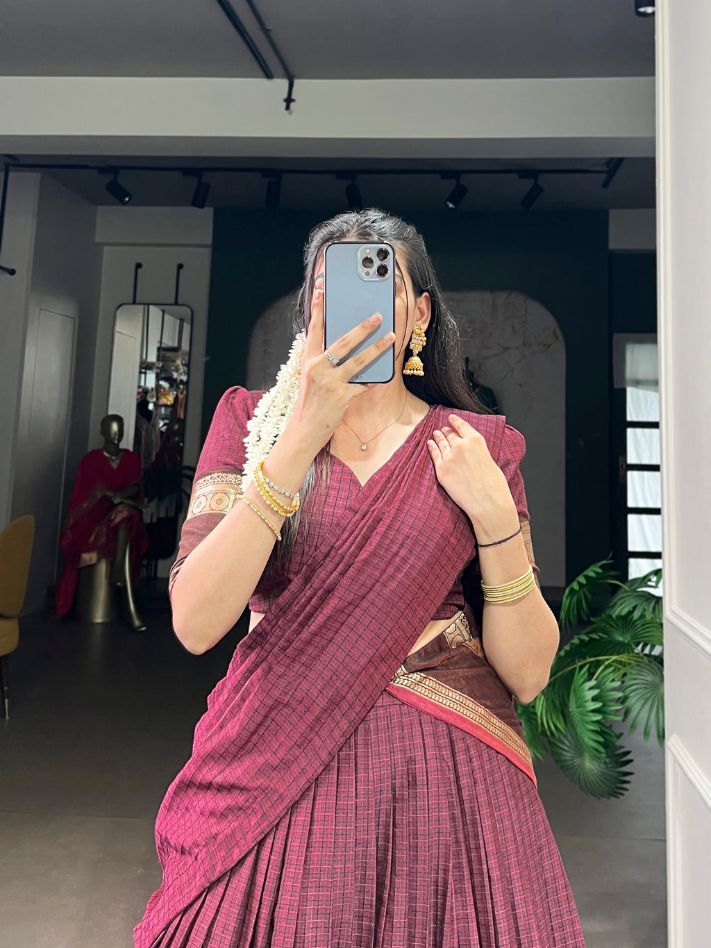 Rimi Mulberry Color Chettinad Cotton Chex With Zari Weaving Work Half-Saree Lehenga